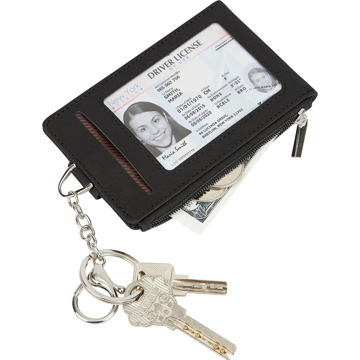 Cartera delgada minimalista Cynure negra con cremallera y llavero