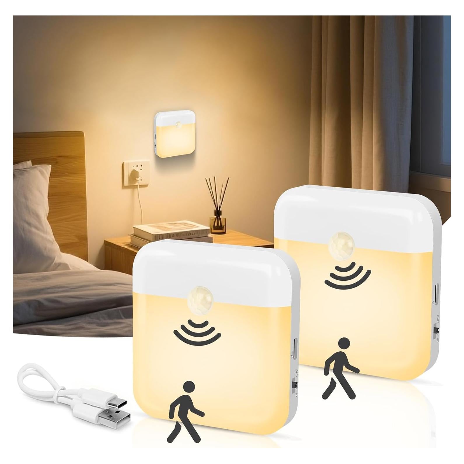 Paquete de 2 luces nocturnas LED recargables con sensor de movimiento