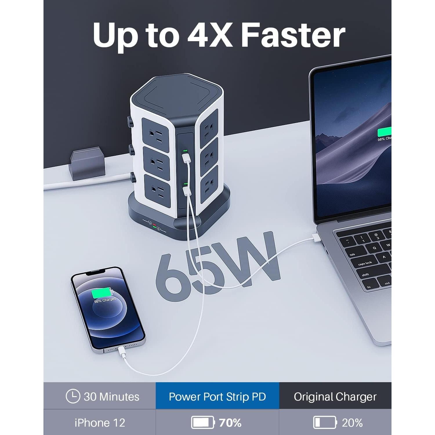 Torre de Regleta KOOSLA 65W con 12 Tomas AC y 2 USB-C 2m