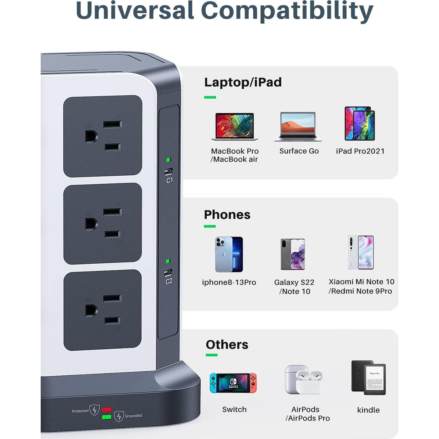 Torre de Regleta KOOSLA 65W con 12 Tomas AC y 2 USB-C 2m