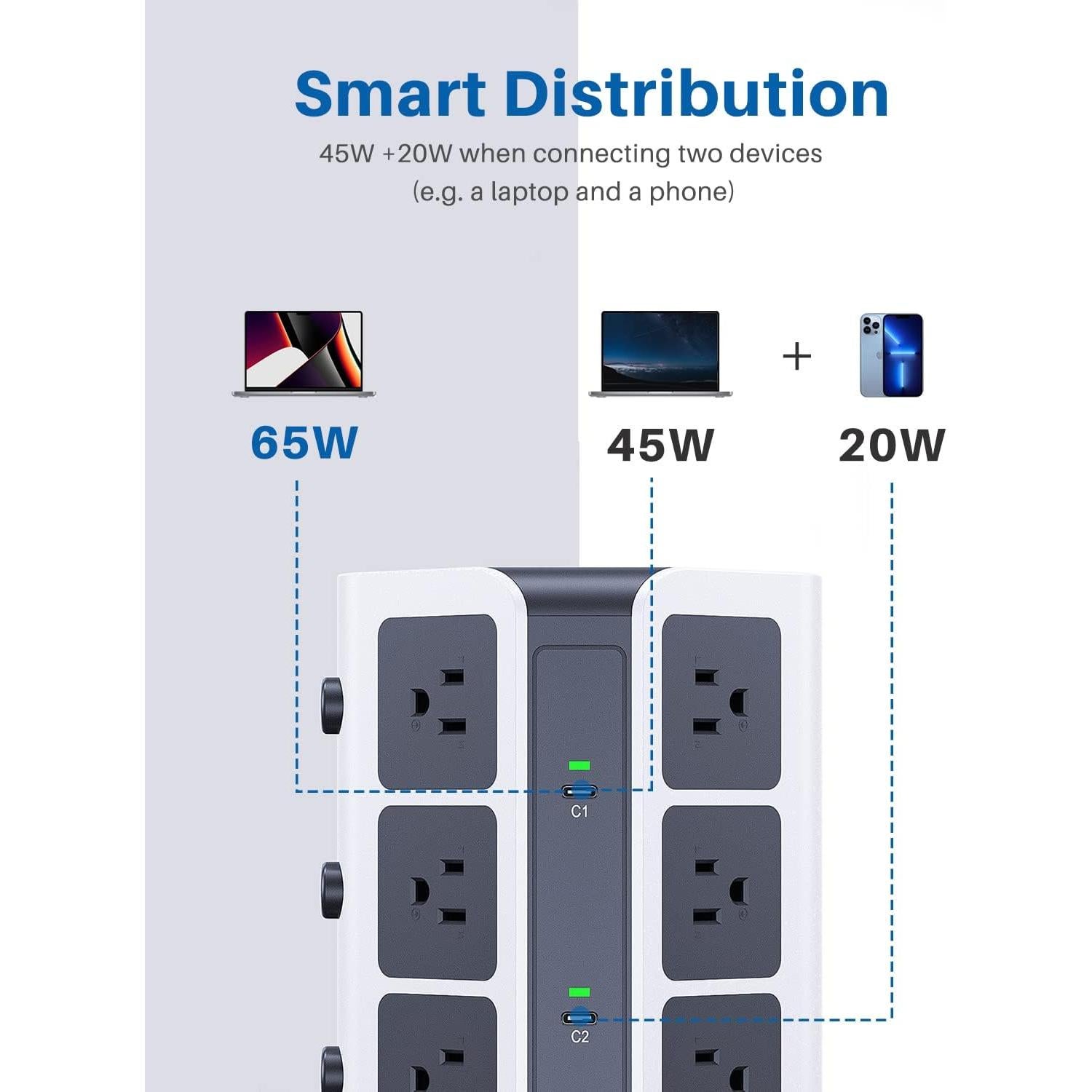 Torre de Regleta KOOSLA 65W con 12 Tomas AC y 2 USB-C 2m