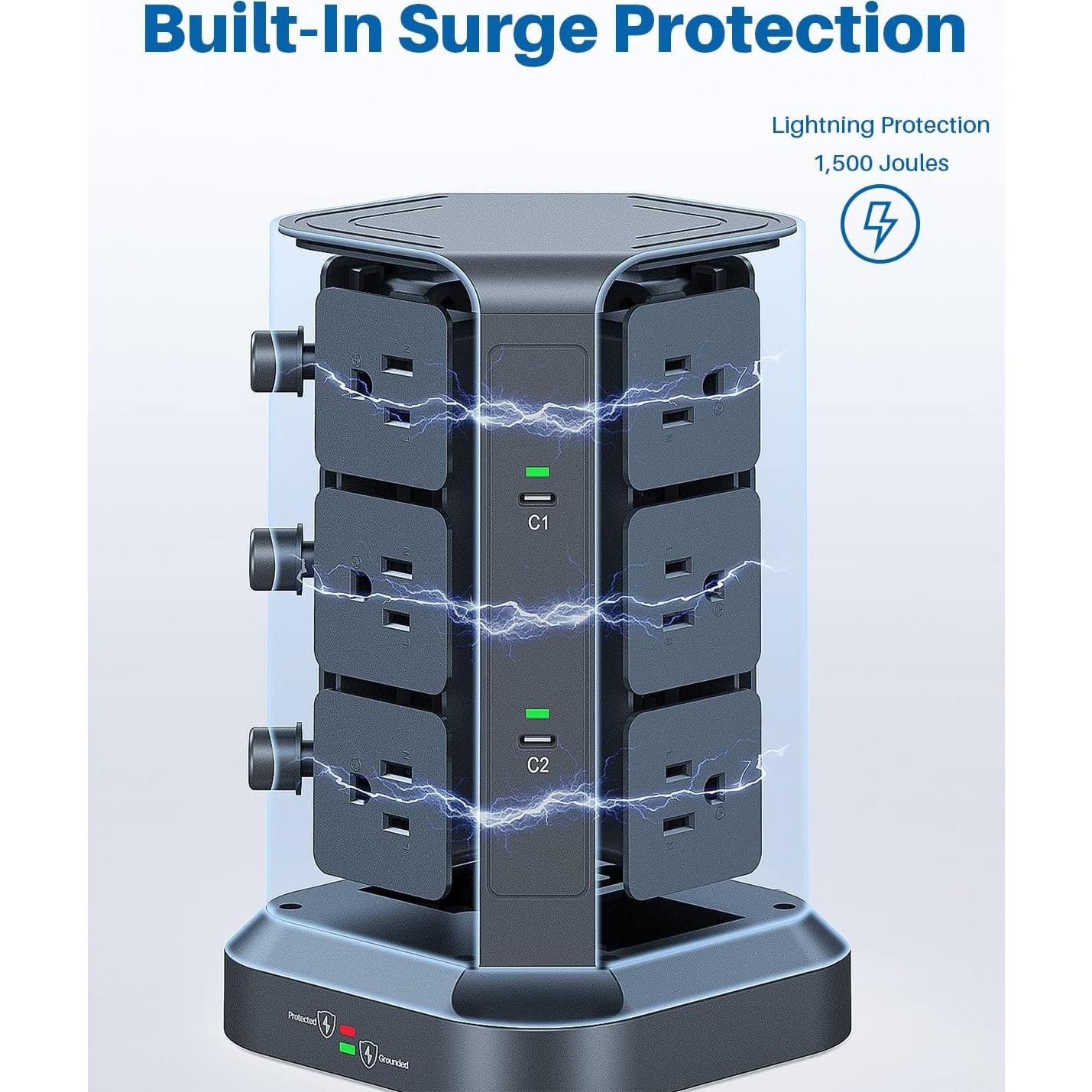 Torre de Regleta KOOSLA 65W con 12 Tomas AC y 2 USB-C 2m