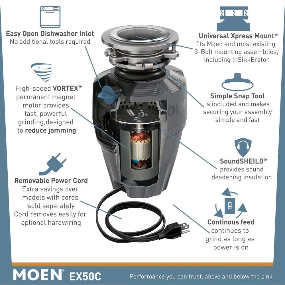 Moen EX50C Triturador de Basura 0.5 HP Negro Premium