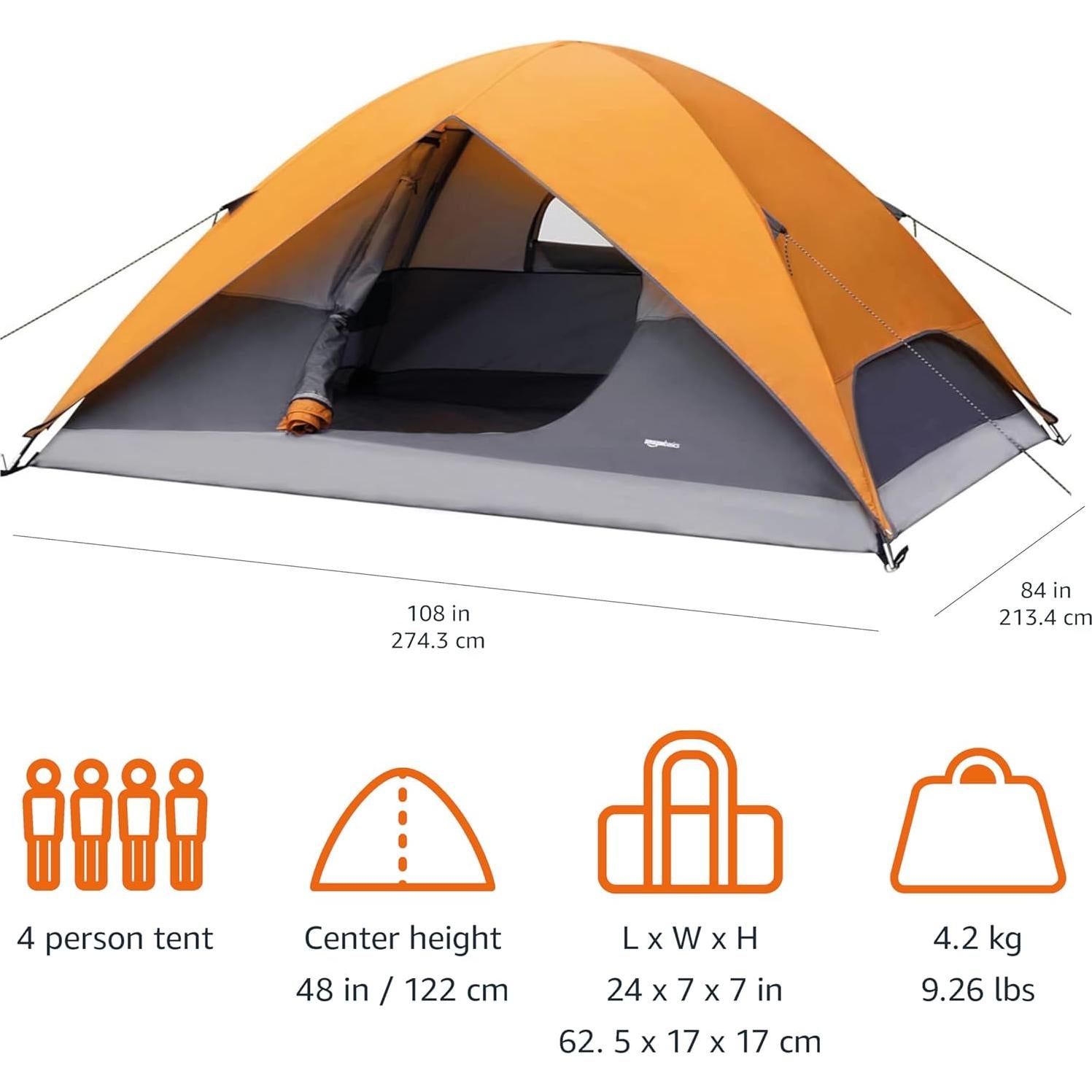 Carpa de Camping Amazon Basics Domo 4 Personas Naranja 2.74x2.13m