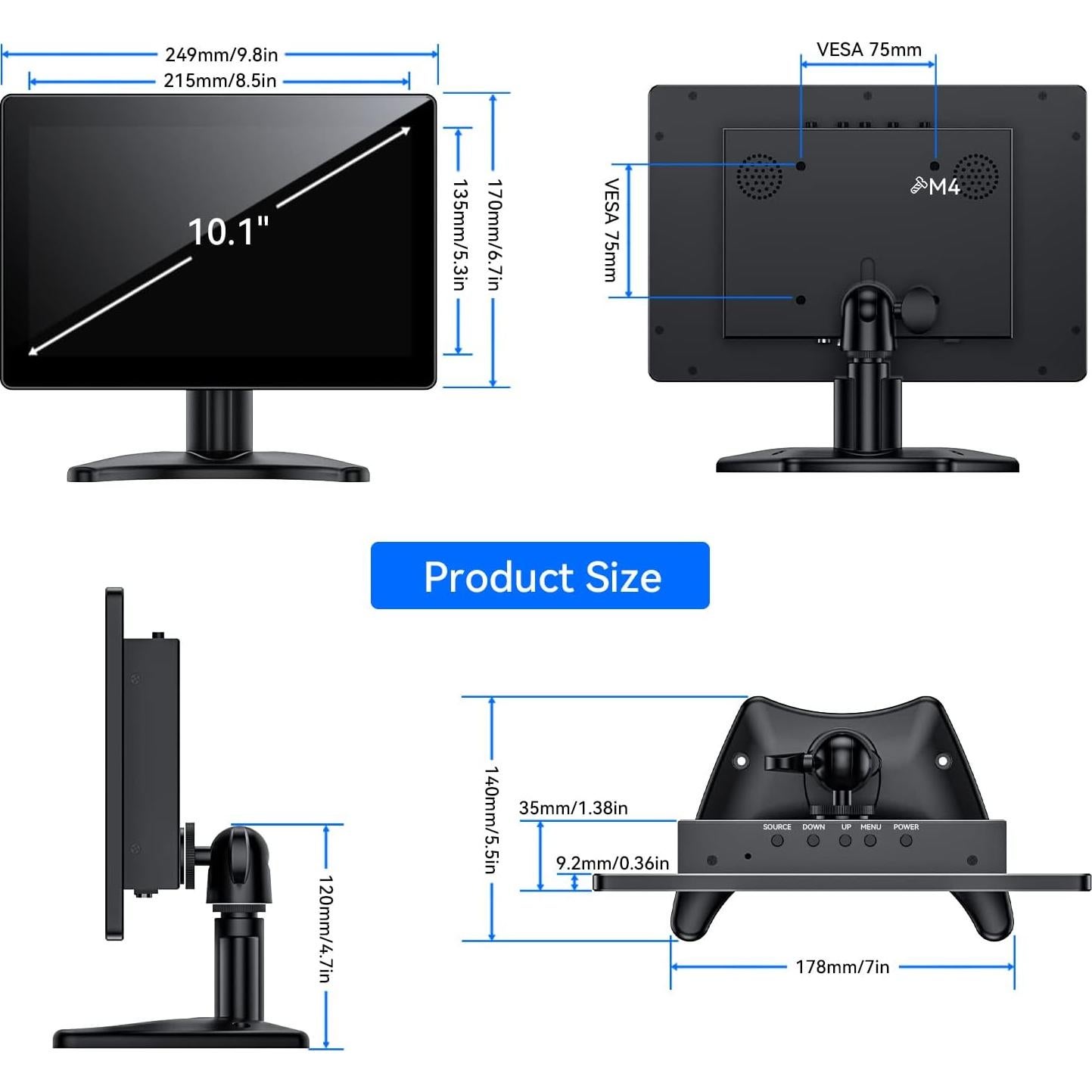 Monitor Táctil 10.1" Eyoyo IPS HD 1280x800 HDMI VGA AV