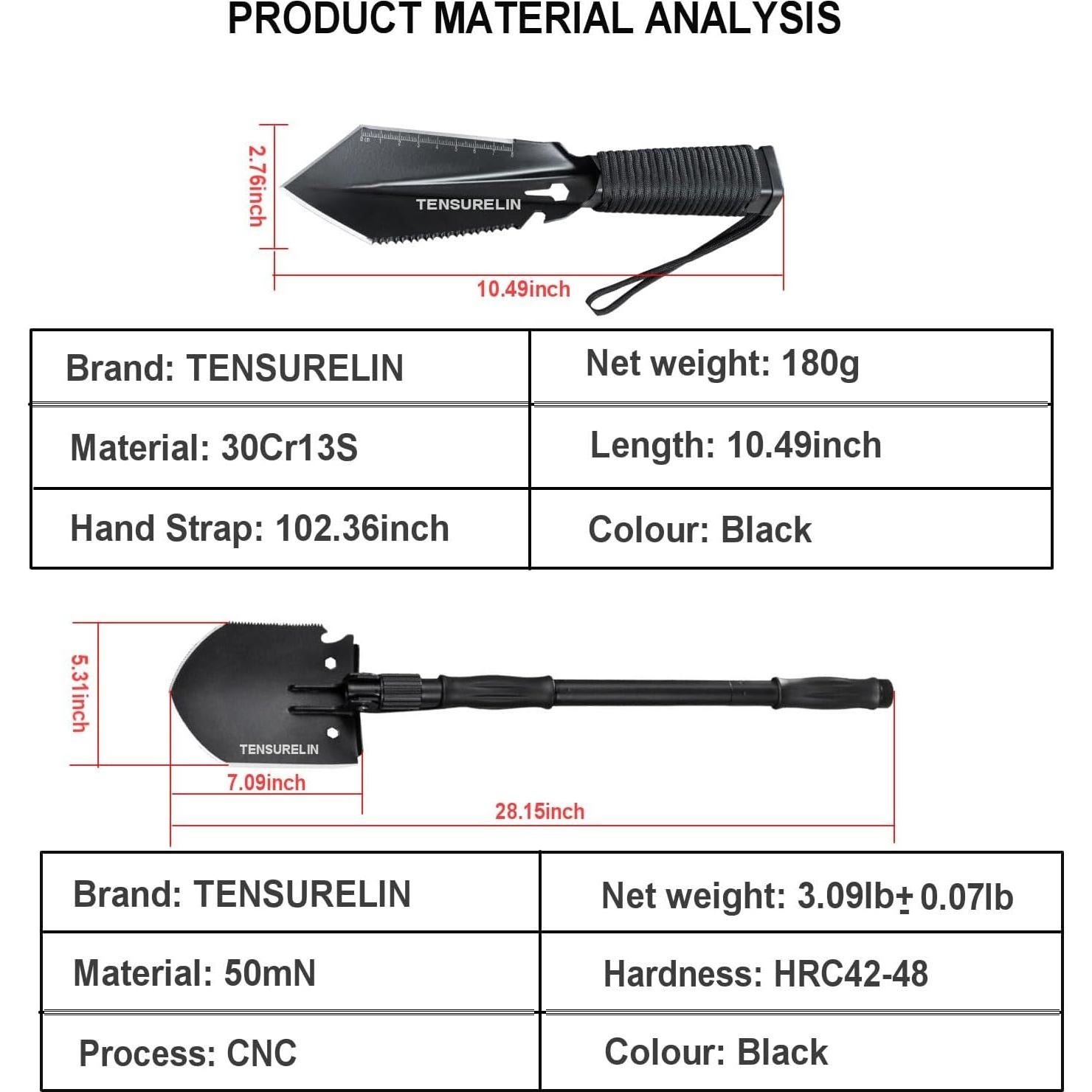Pala de Supervivencia TENSURELIN Plegable 1.58kg Acero Carbono