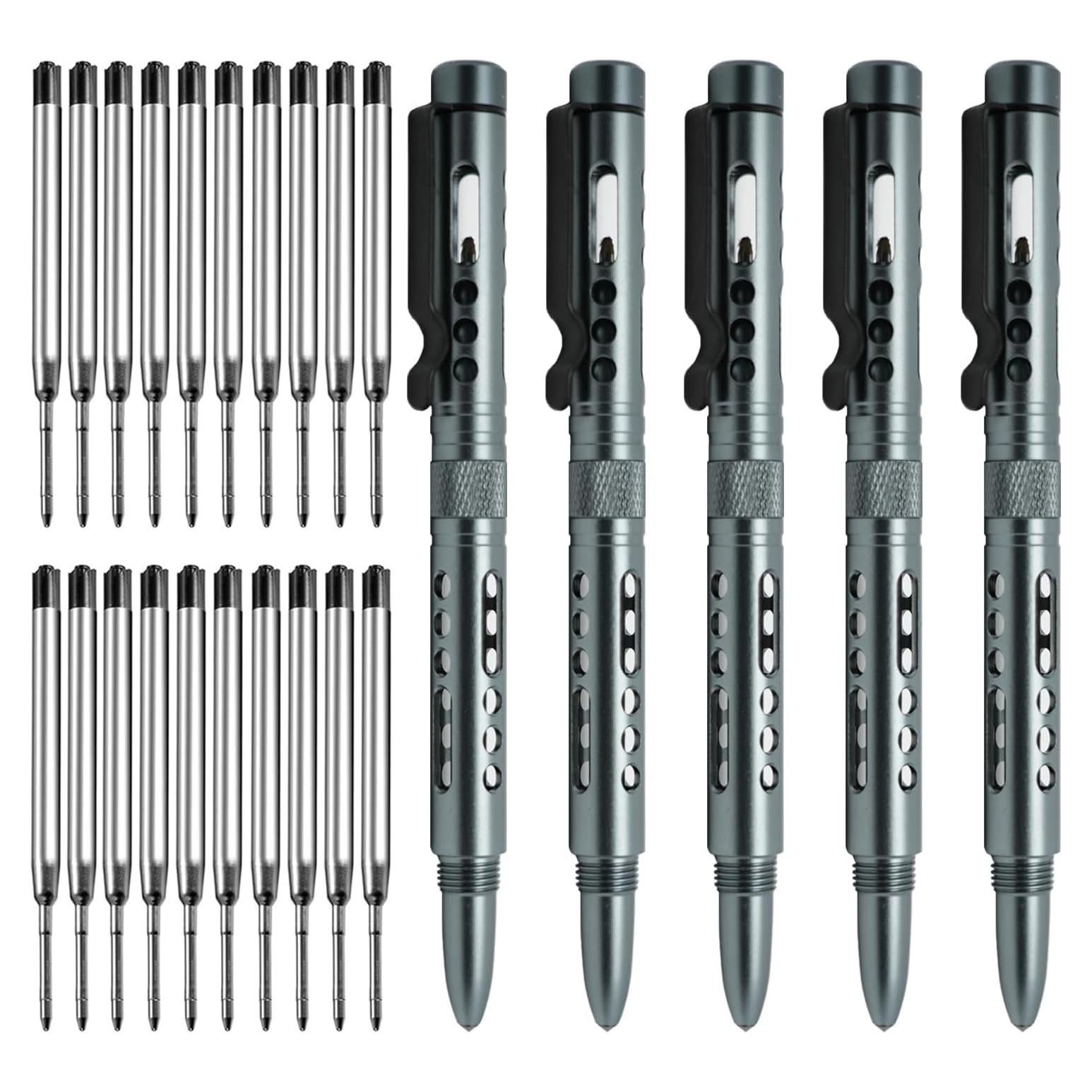 Origin-Joy 5 Pack Aluminum Alloy Lightweight Tactical Pen Set, Multifunctional EDC Self Defense Pen With 20 Ballpoint Refills (Grayish Blue)