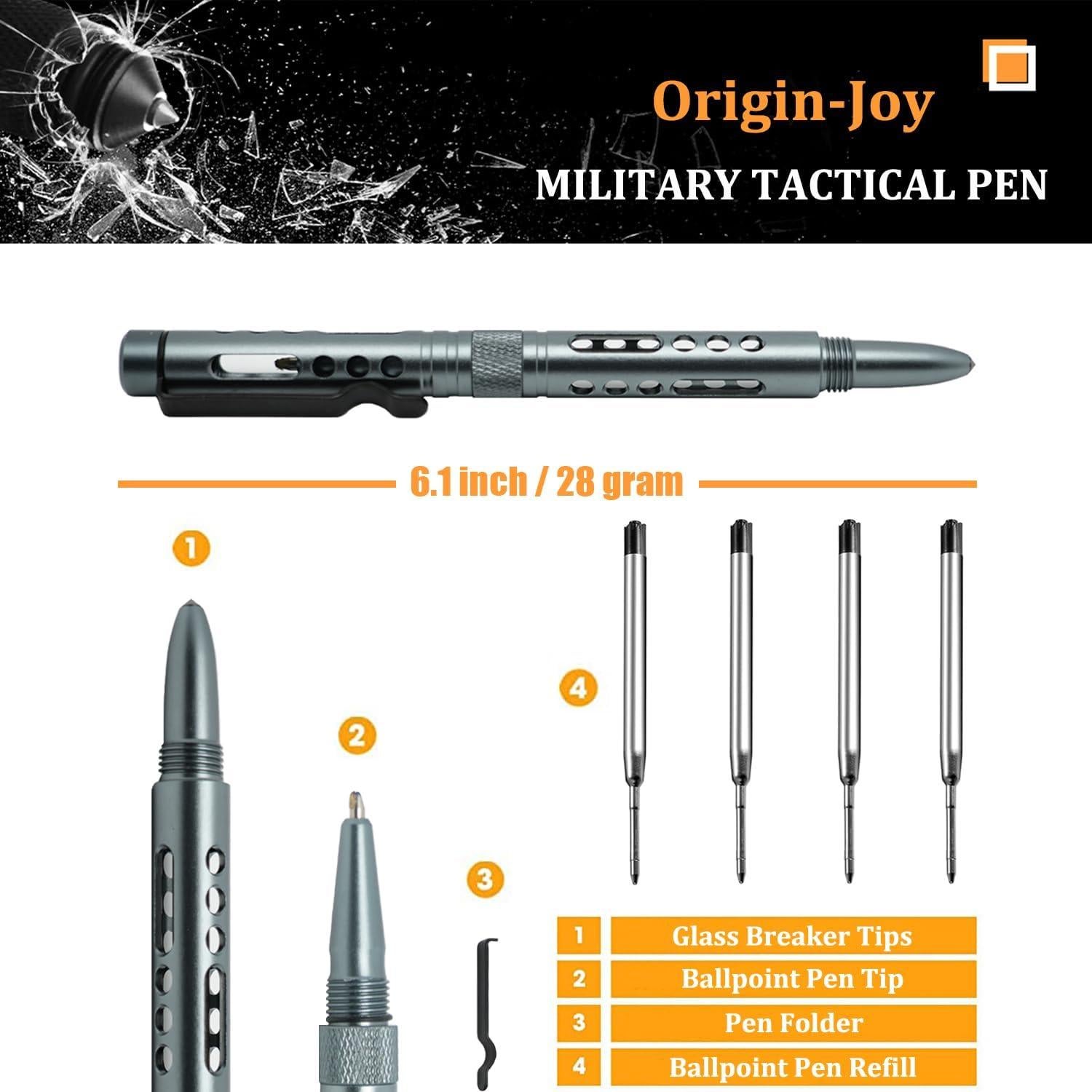 Origin-Joy 5 Pack Aluminum Alloy Lightweight Tactical Pen Set, Multifunctional EDC Self Defense Pen With 20 Ballpoint Refills (Grayish Blue)