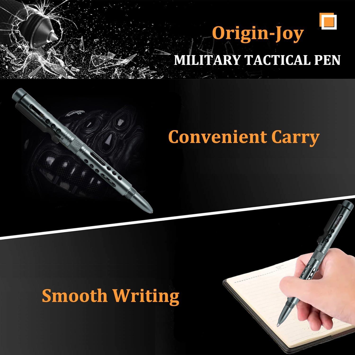 Origin-Joy 5 Pack Aluminum Alloy Lightweight Tactical Pen Set, Multifunctional EDC Self Defense Pen With 20 Ballpoint Refills (Grayish Blue)