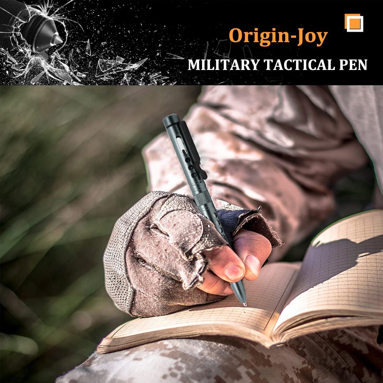 Origin-Joy 5 Pack Aluminum Alloy Lightweight Tactical Pen Set, Multifunctional EDC Self Defense Pen With 20 Ballpoint Refills (Grayish Blue)