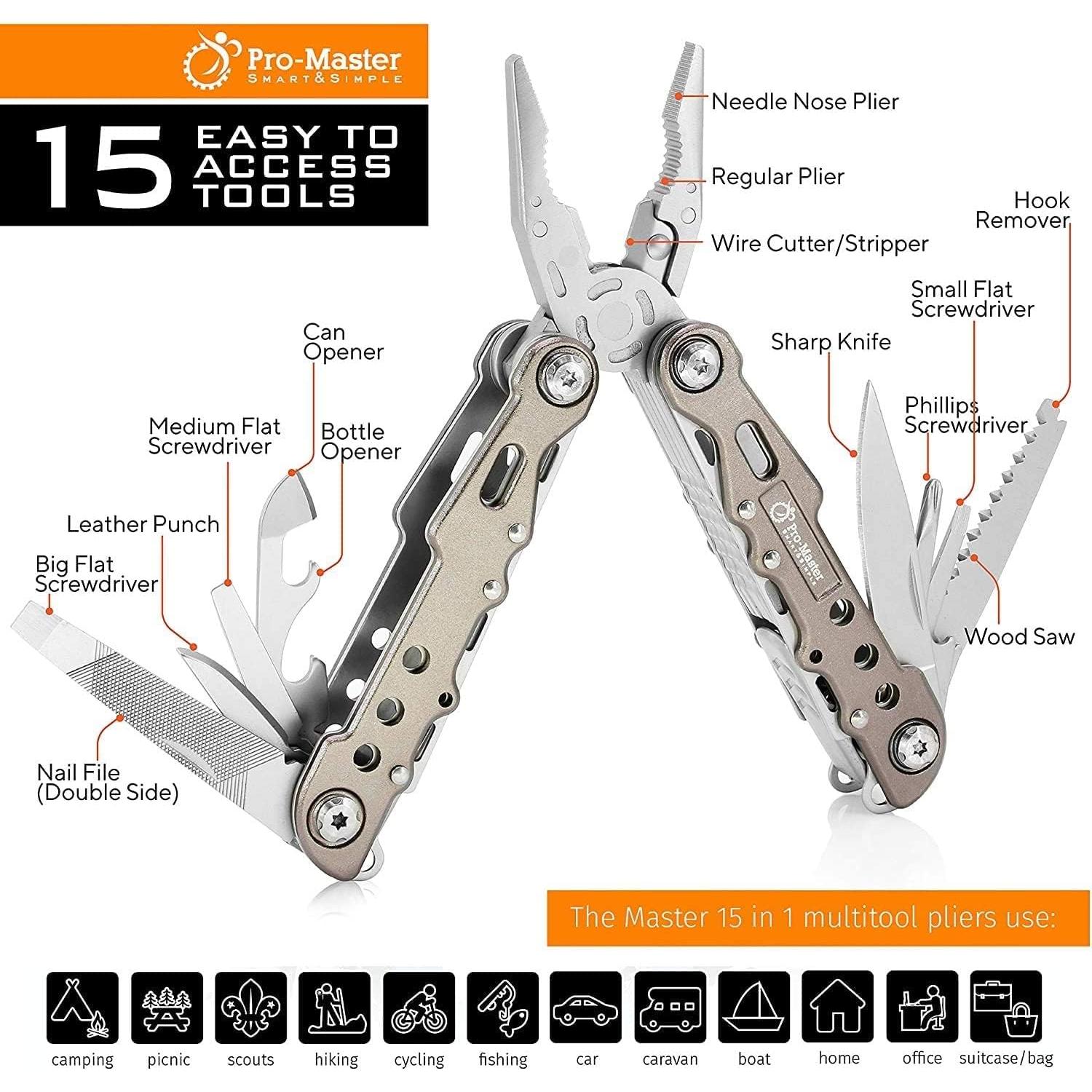 Cuchillo Multitool 15 en 1 ProMaster - Acero Inoxidable Plegable