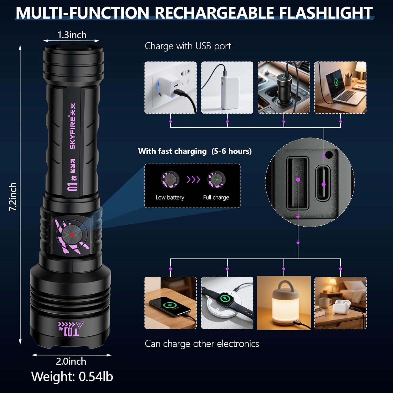 Linterna LED Recargable SKYFIRE 5000mAh IPX6 5 Modos