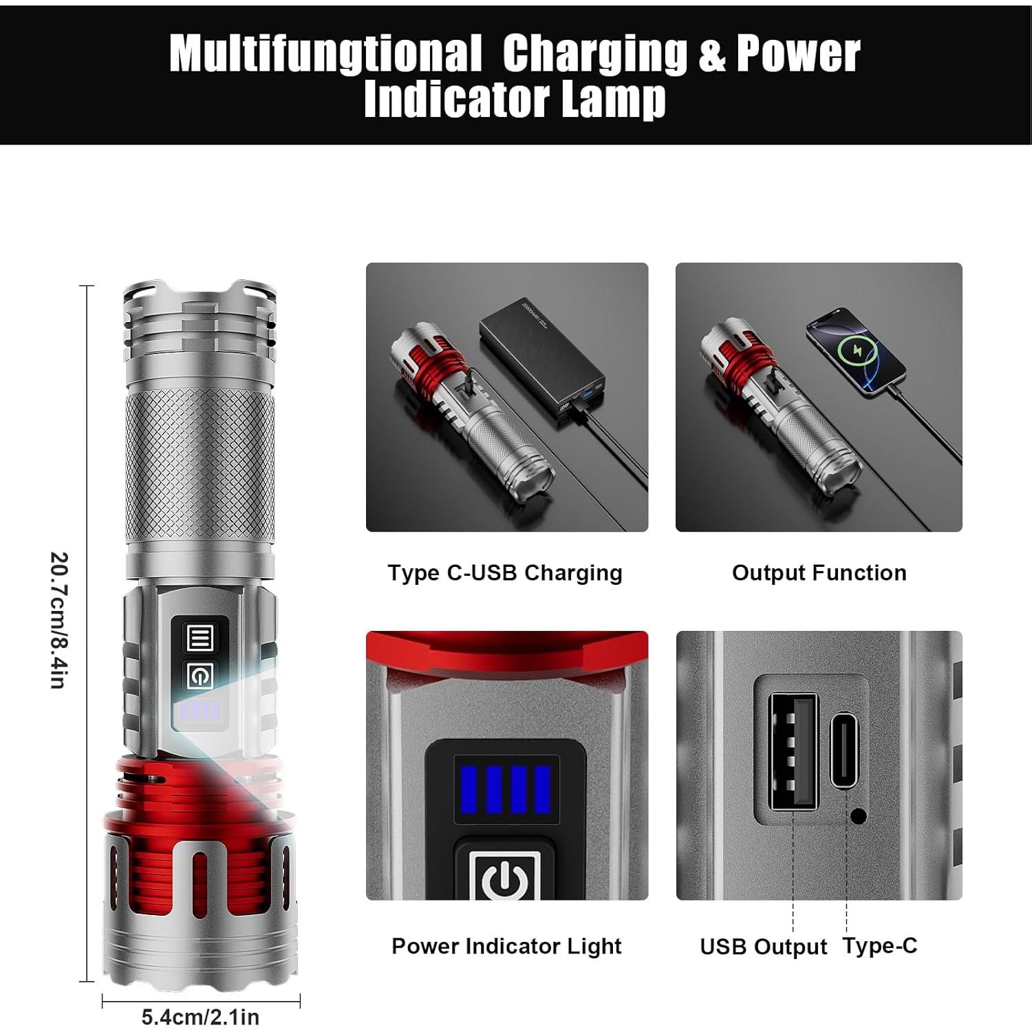 Linterna LED Recargable SKYFIRE 8000lm Enfocable Plata