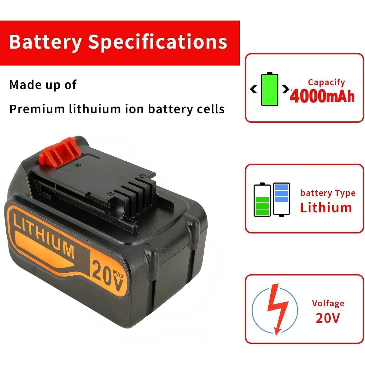 Batería de Reemplazo 4.0Ah 20V QNGLN para Black and Decker