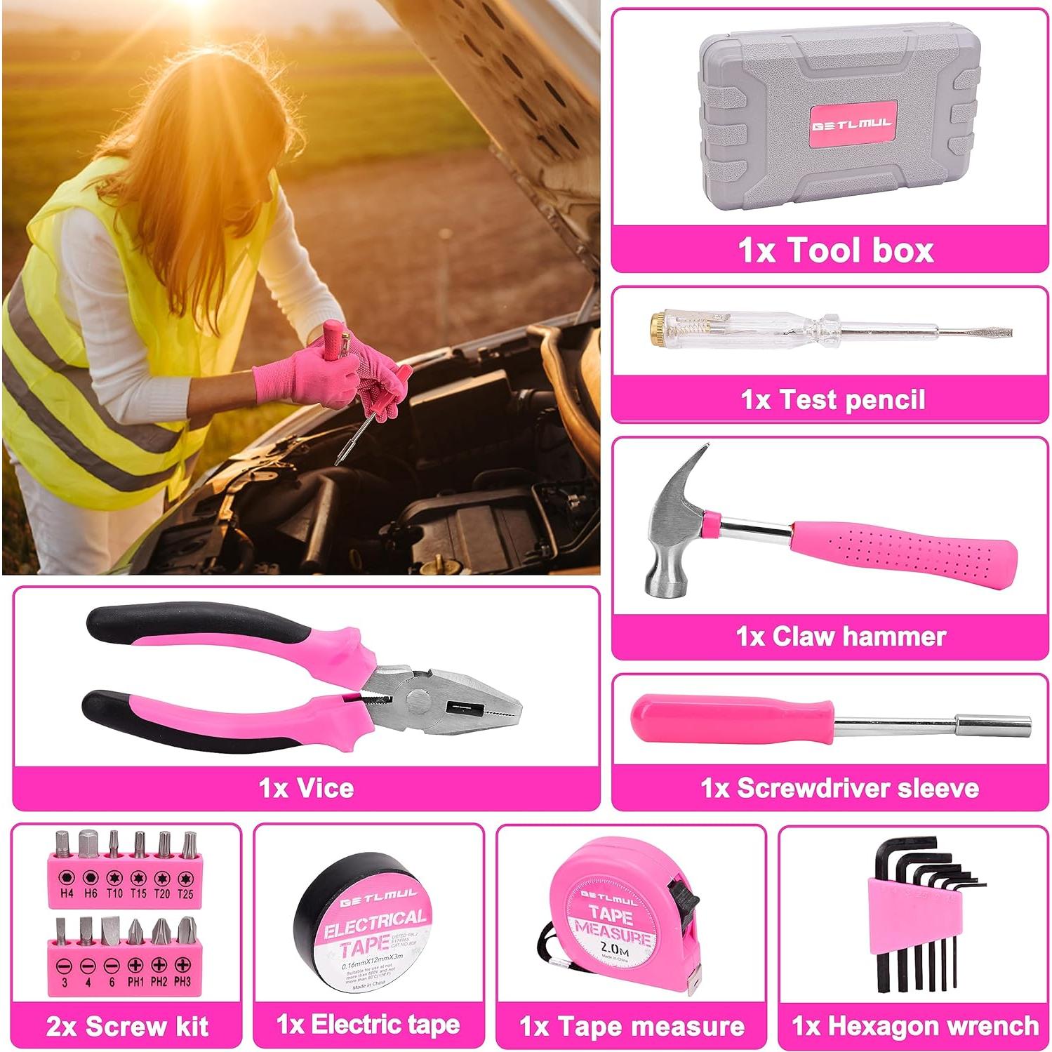 Kit de Emergencia para Autos GETLMUL Rosa - 12 Accesorios