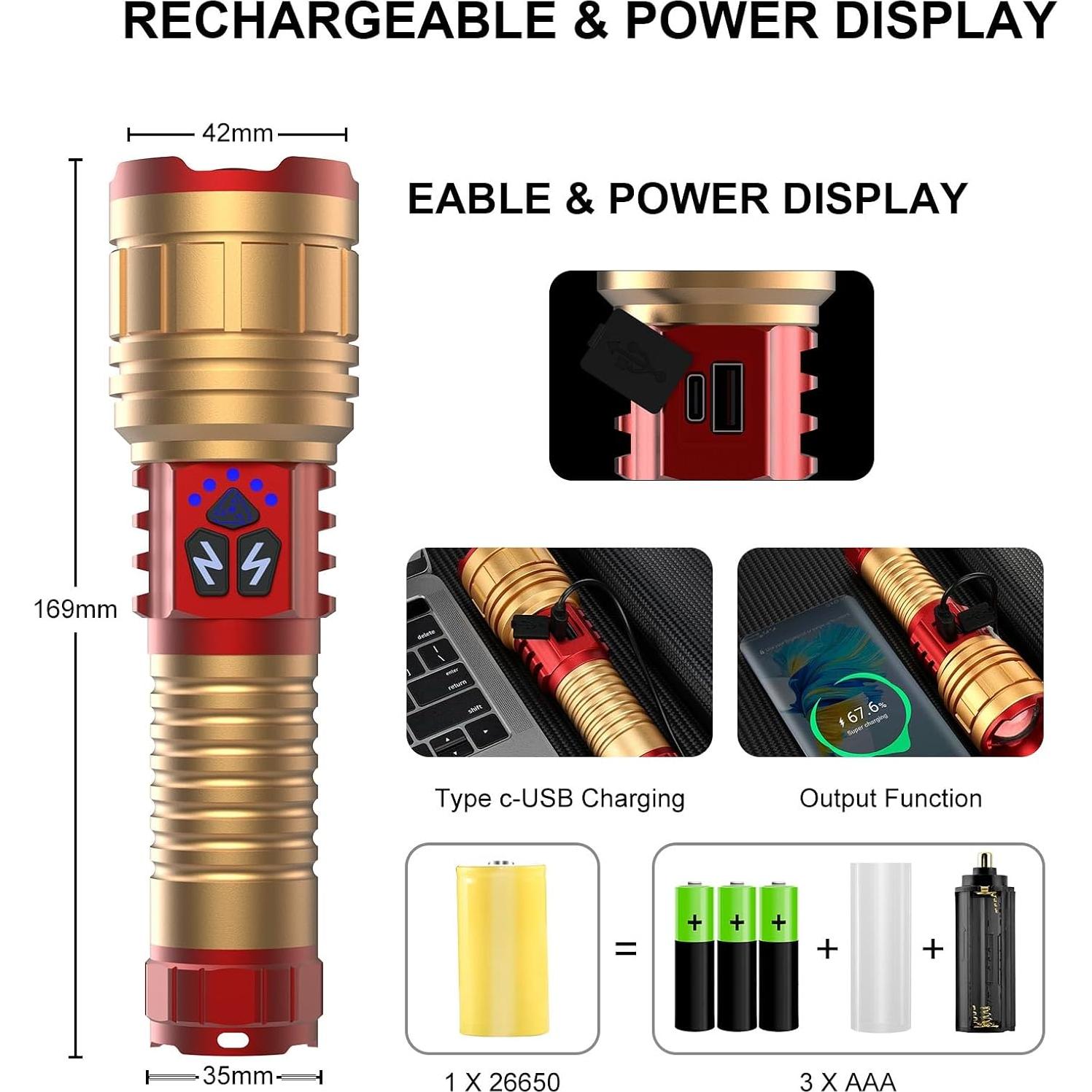 Linterna Recargable 5000 Lúmenes LED con Zoom y Imán