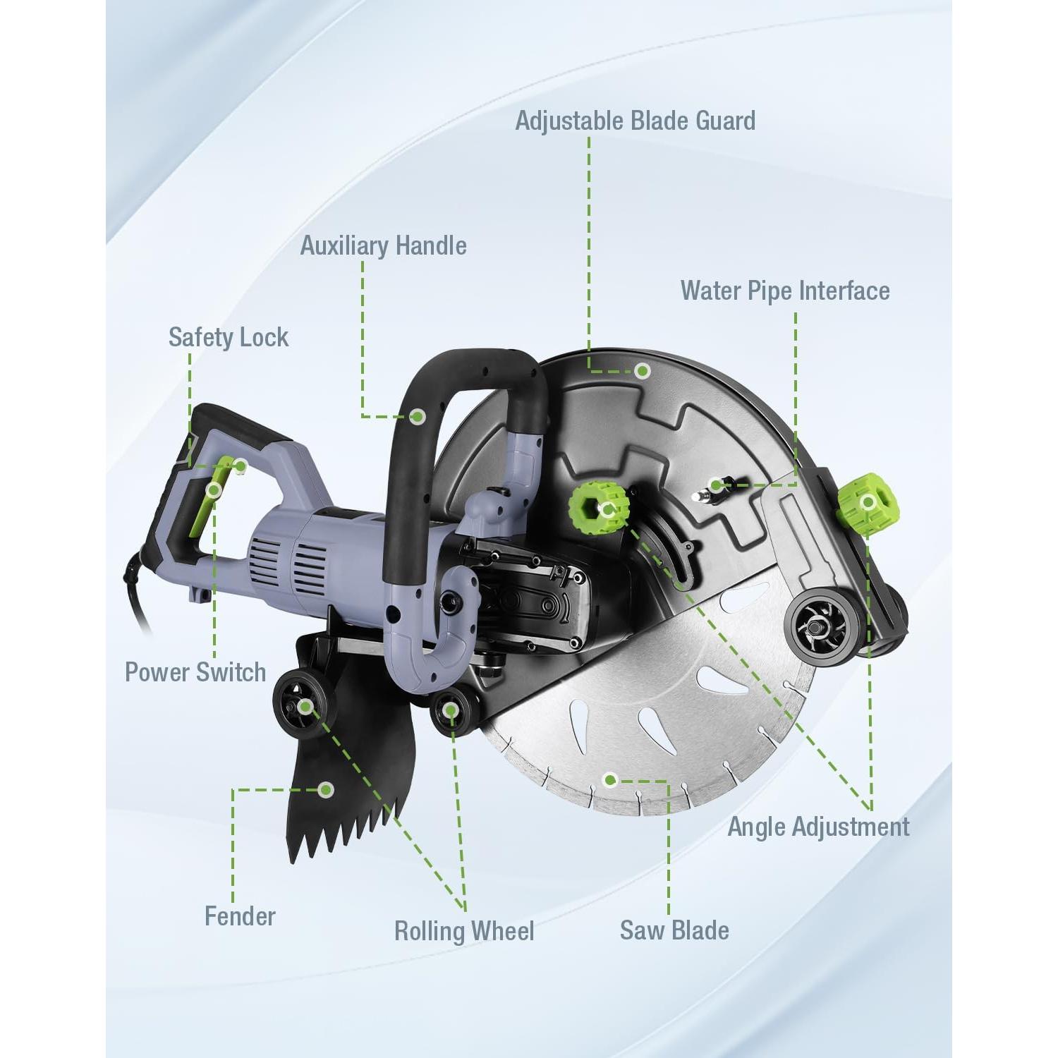 WORKPRO 16 Inch Wet Concrete Saw with Water Cutting Attachment, 1600W 3100RPM Electric Concrete Saw, Max Cutting Depth 6.69", Ideal for House, Foundation, Courtyard Renovation