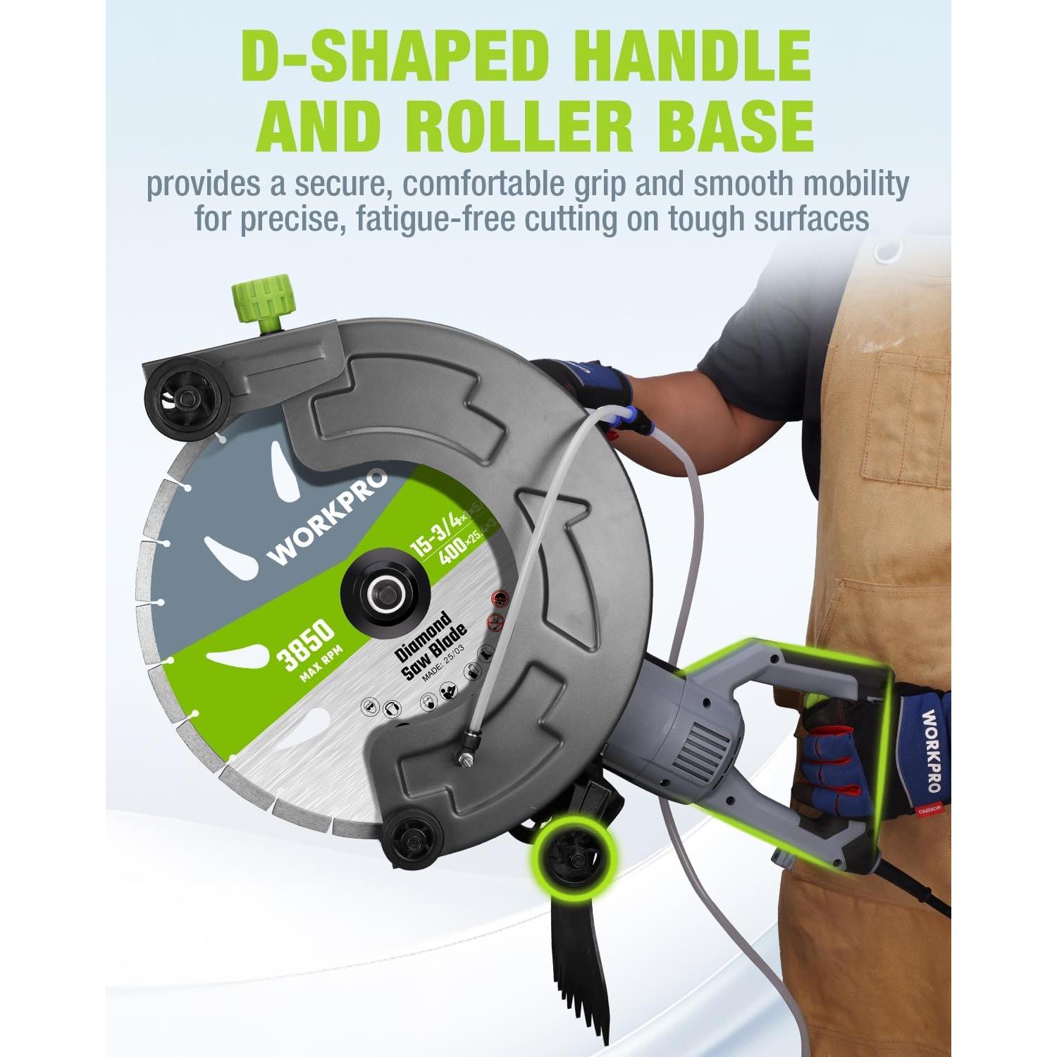 WORKPRO 16 Inch Wet Concrete Saw with Water Cutting Attachment, 1600W 3100RPM Electric Concrete Saw, Max Cutting Depth 6.69", Ideal for House, Foundation, Courtyard Renovation