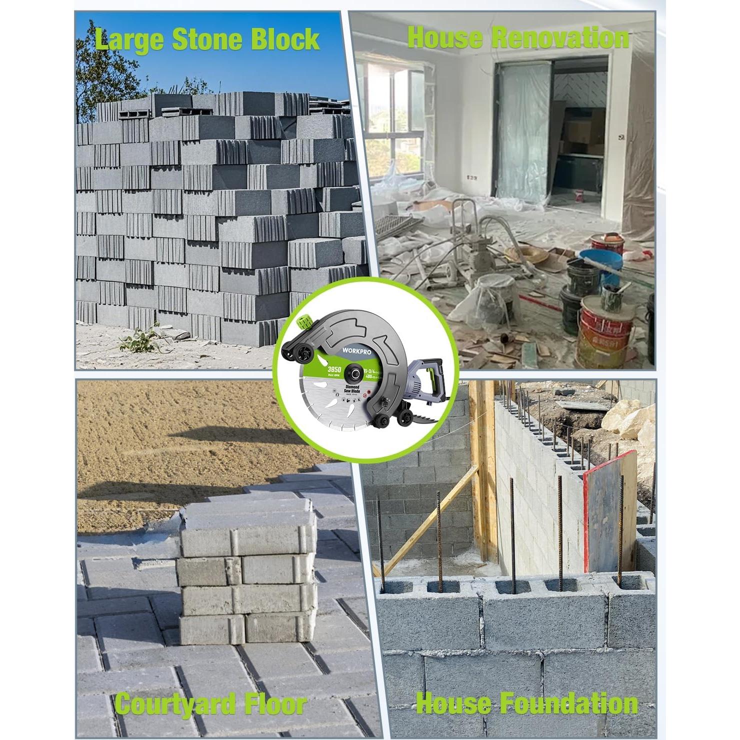 WORKPRO 16 Inch Wet Concrete Saw with Water Cutting Attachment, 1600W 3100RPM Electric Concrete Saw, Max Cutting Depth 6.69", Ideal for House, Foundation, Courtyard Renovation