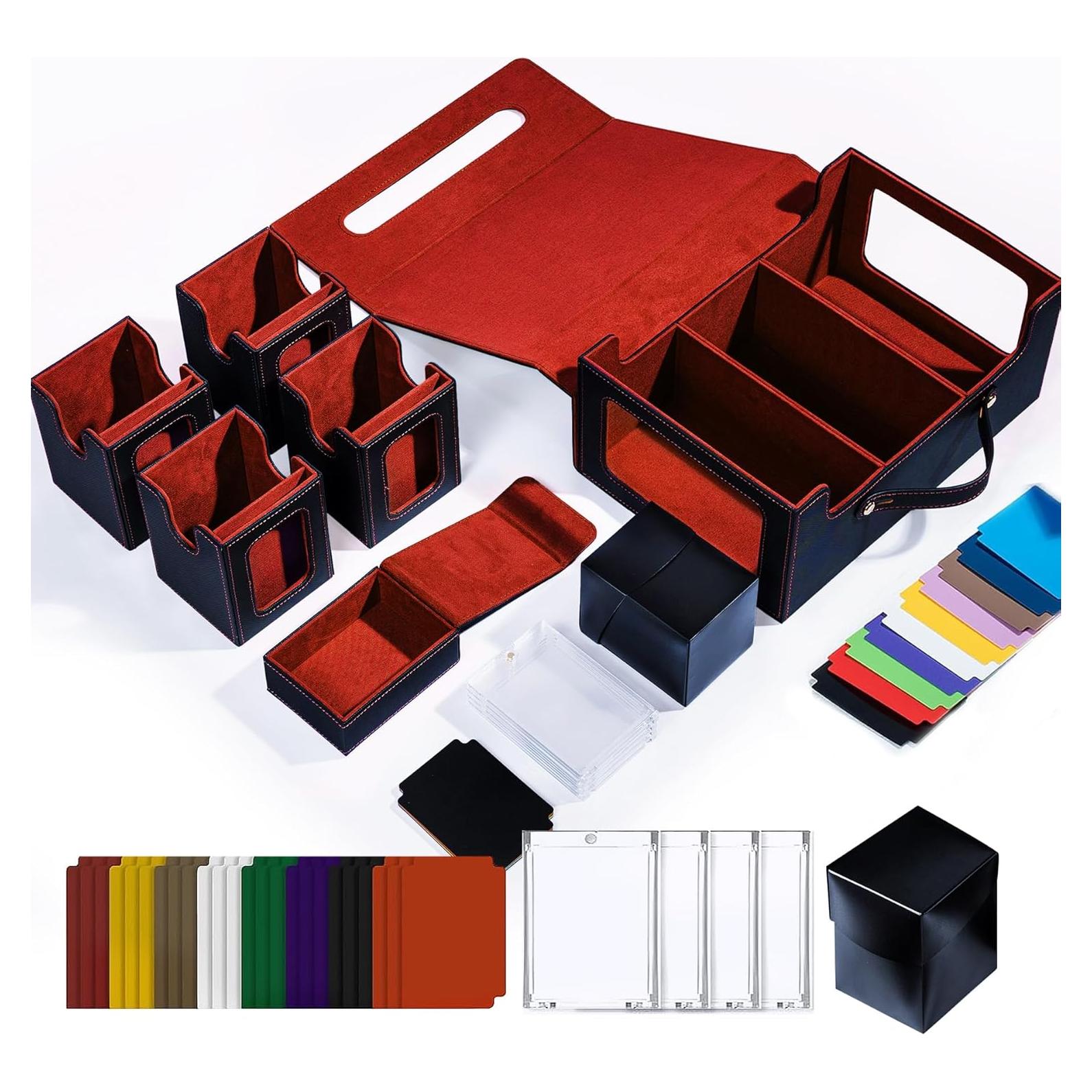 Commander Deck Box for MTG, 6-Deck Modular Card Case with Dice Tray Holds 600+ Double-sleeved Cards, Removable Trading Cards Storage Box with 35PT Magnetic Card Holders for TCG, Black Red