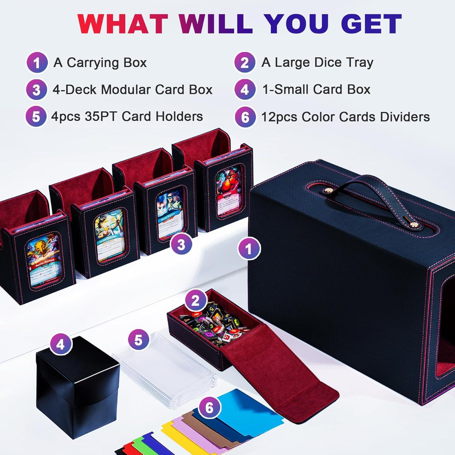 Commander Deck Box for MTG, 6-Deck Modular Card Case with Dice Tray Holds 600+ Double-sleeved Cards, Removable Trading Cards Storage Box with 35PT Magnetic Card Holders for TCG, Black Red