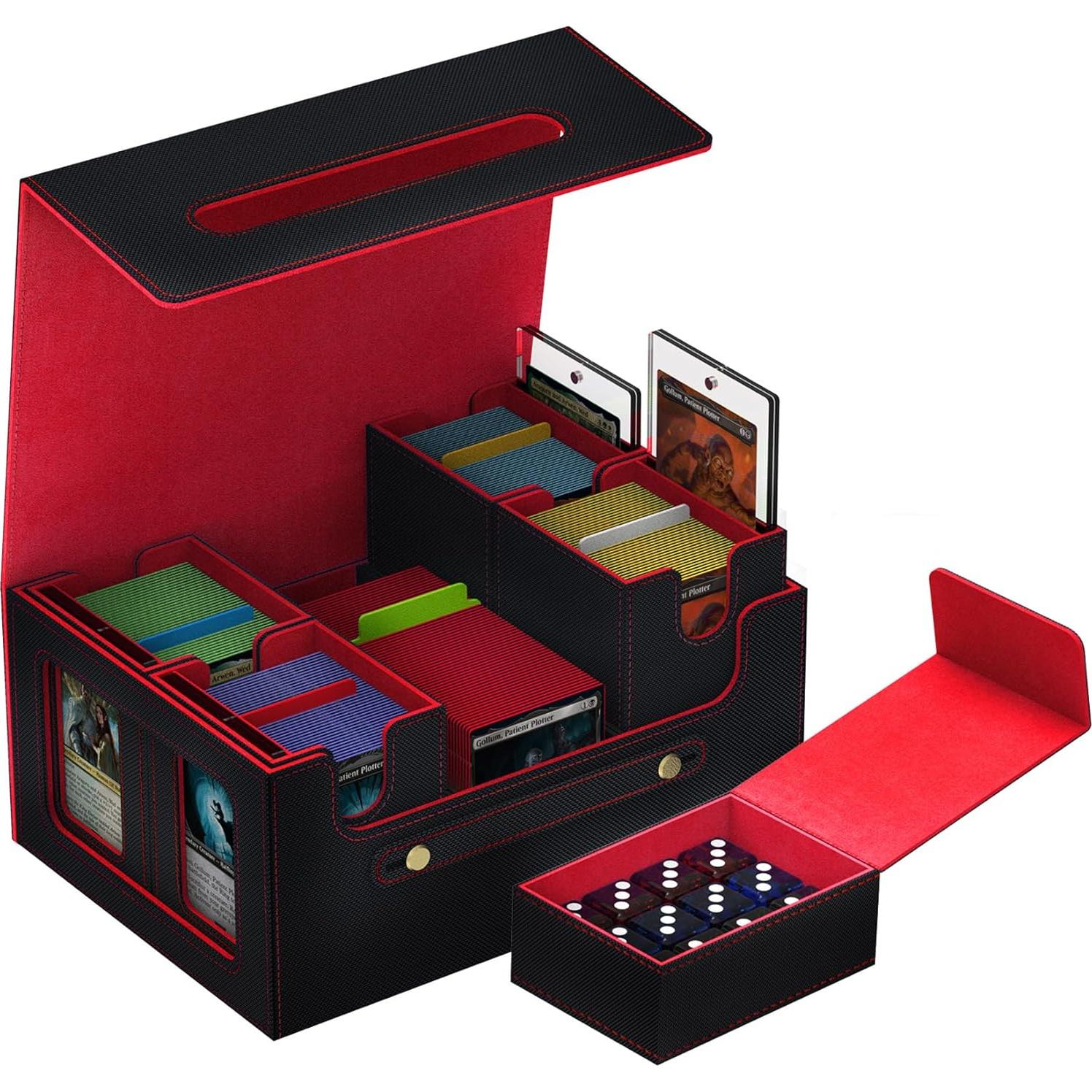 Commander Deck Box for MTG, 6-Deck Modular Card Case with Dice Tray Holds 600+ Double-sleeved Cards, Removable Trading Cards Storage Box with 35PT Magnetic Card Holders for TCG, Black Red
