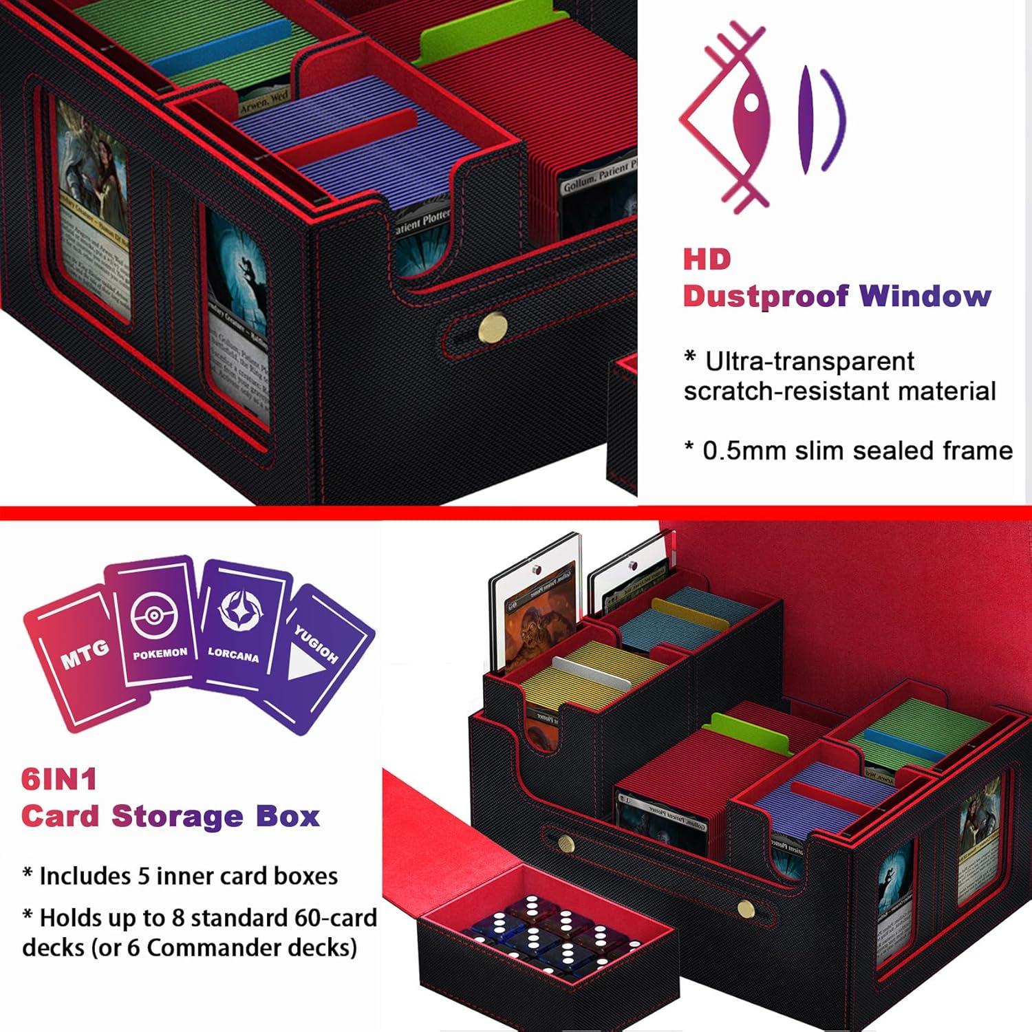 Commander Deck Box for MTG, 6-Deck Modular Card Case with Dice Tray Holds 600+ Double-sleeved Cards, Removable Trading Cards Storage Box with 35PT Magnetic Card Holders for TCG, Black Red