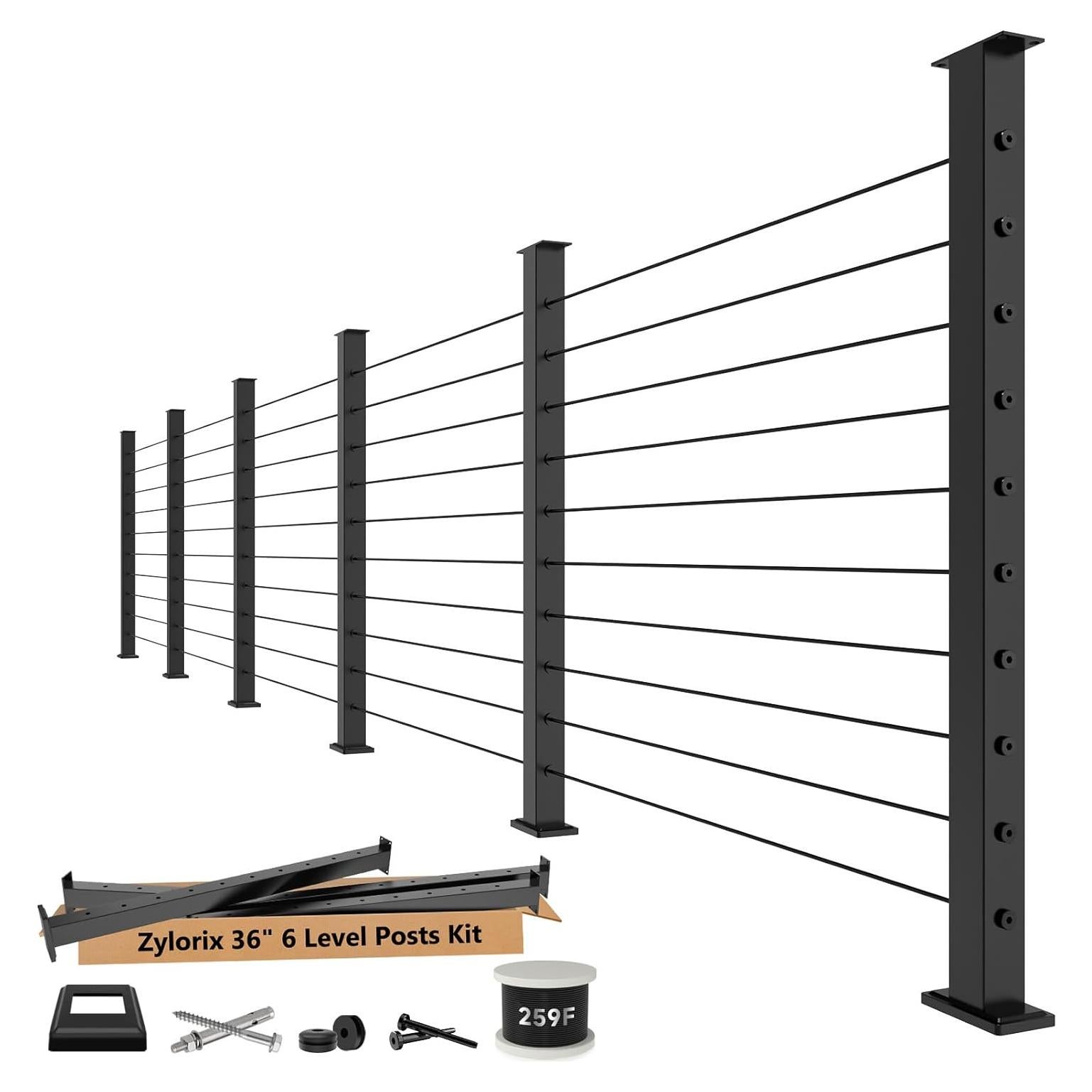 36" Expandable 20-24FT Black T304 Cable Railing Post Kit, Complete Cable Railing System with 6 Level Posts & 259ft 1/8" Wire Rope(No Handrail), Adjustable Length Easy DIY for Decks/Porch