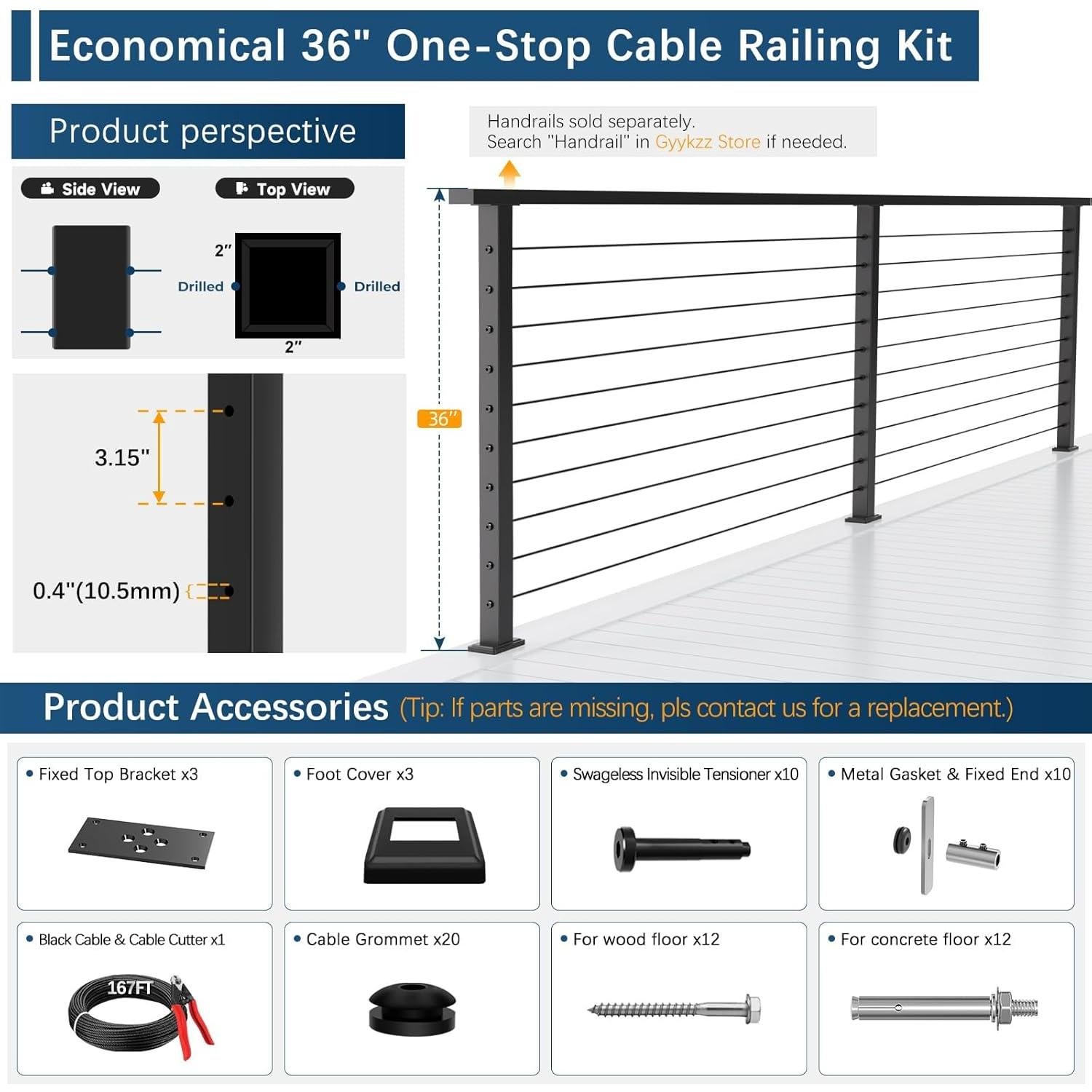 Kit de Barandilla de Cable Gyykzz 3 Niveles 91.44 cm Acero Inoxidable