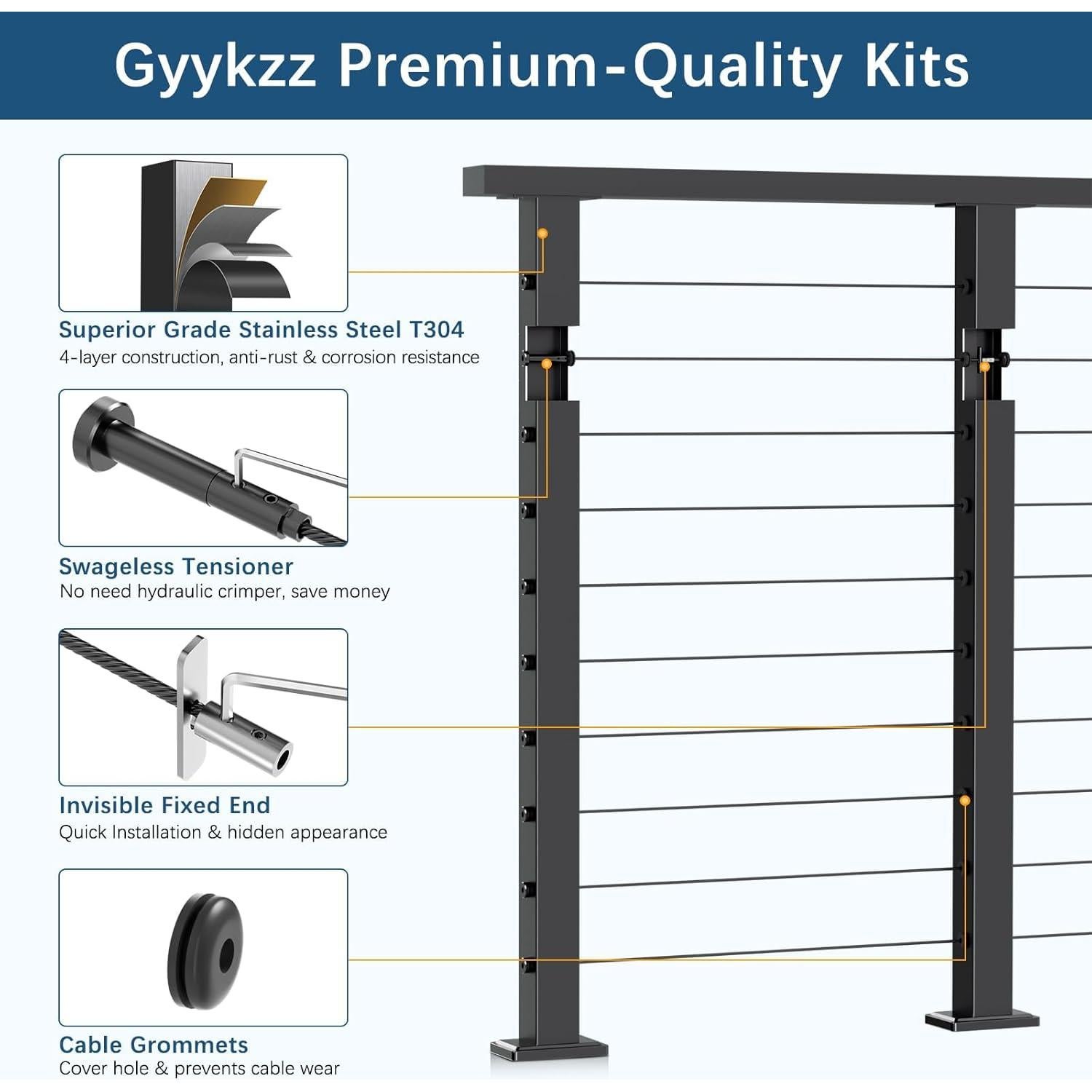 Kit de Barandilla de Cable Gyykzz 3 Niveles 91.44 cm Acero Inoxidable