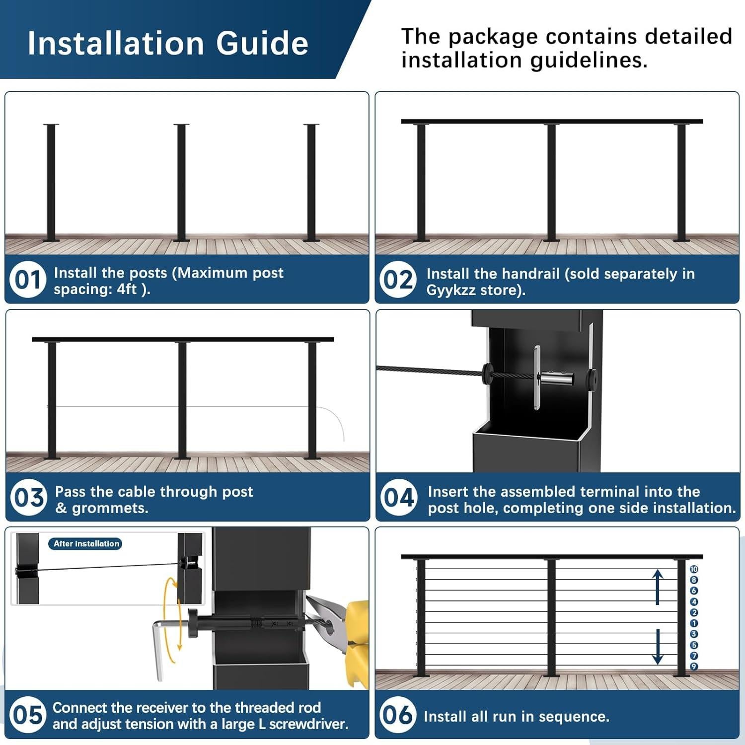 Kit de Barandilla de Cable Gyykzz 3 Niveles 91.44 cm Acero Inoxidable