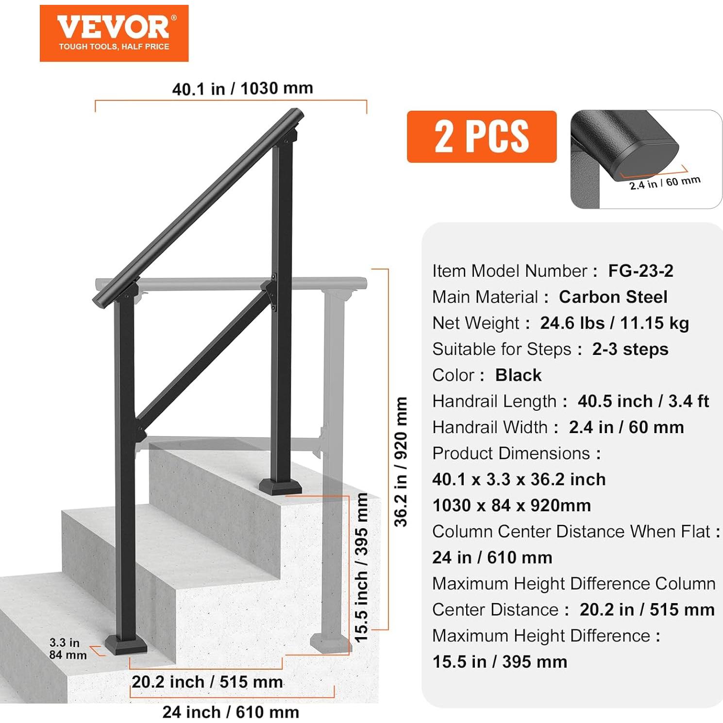 Pasamanos VEVOR para Escaleras Exteriores 2 Escalones Negro