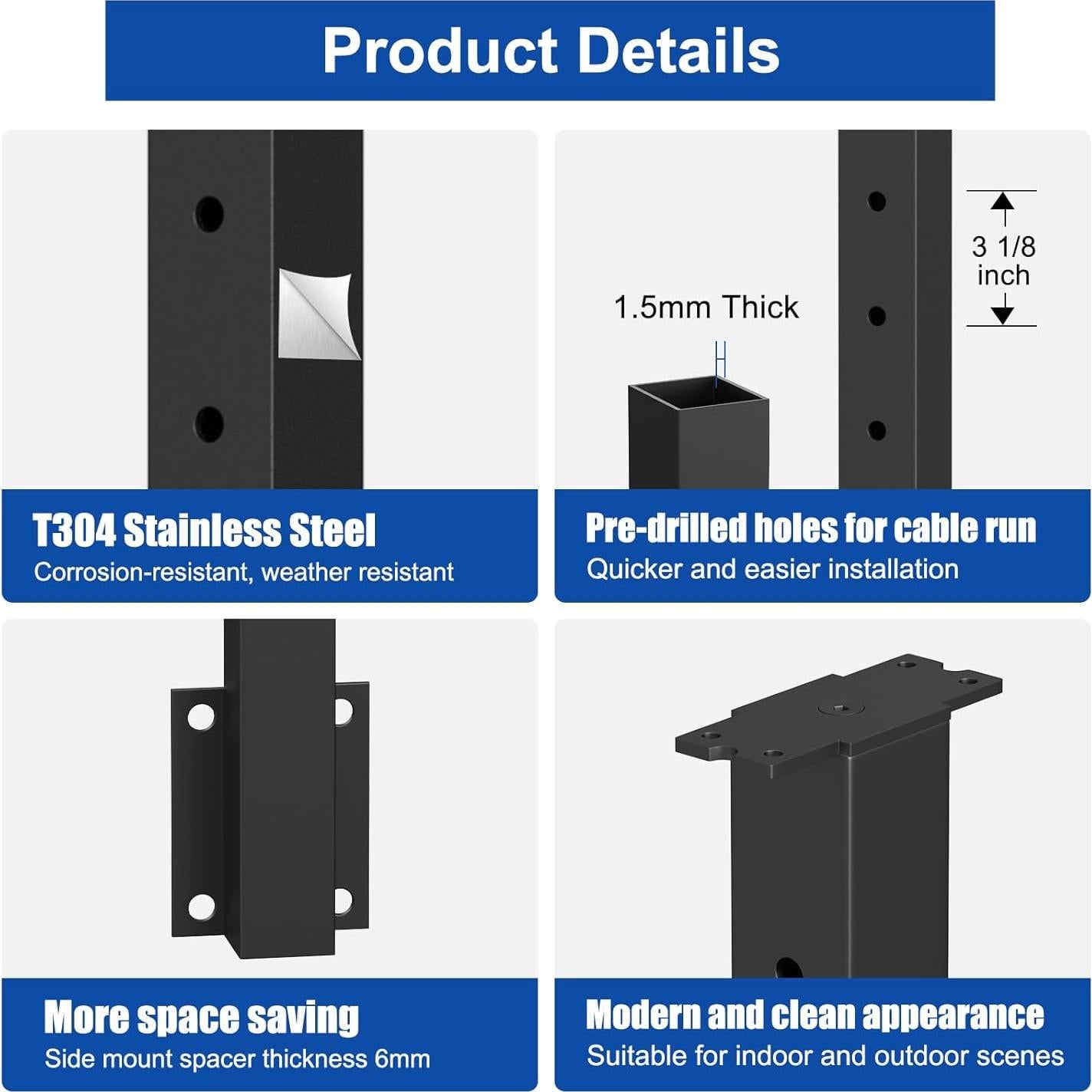 Poste de Montaje Lateral BLIKA 91 cm Acero Inoxidable Negro