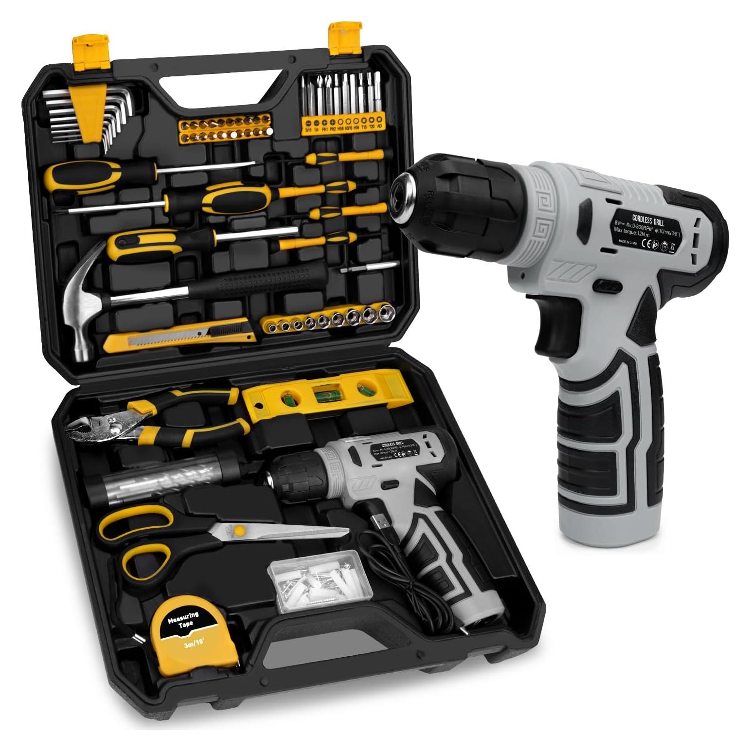 Juego de Herramientas 139 Piezas YingQu con Taladro Inalámbrico 8V