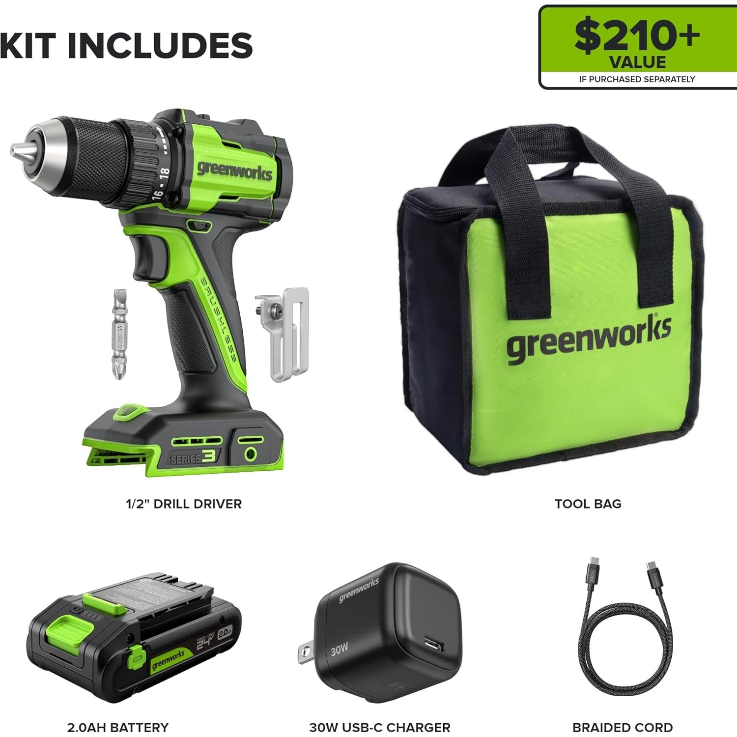 Taladro Atornillador Inalámbrico Greenworks 24V 400Nm 2 Velocidades