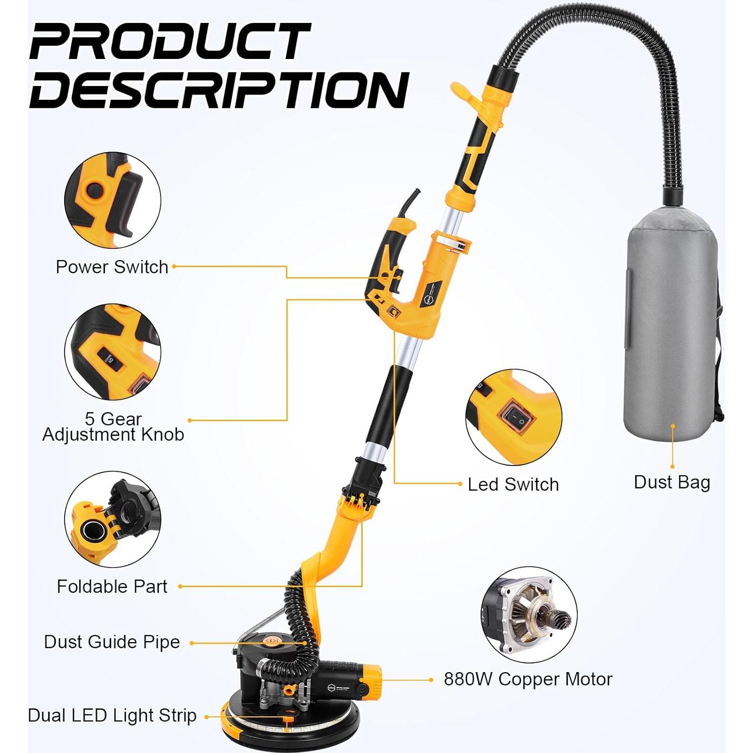 Lijadora de Drywall Gyfent 880W 7.3A 5 Velocidades LED