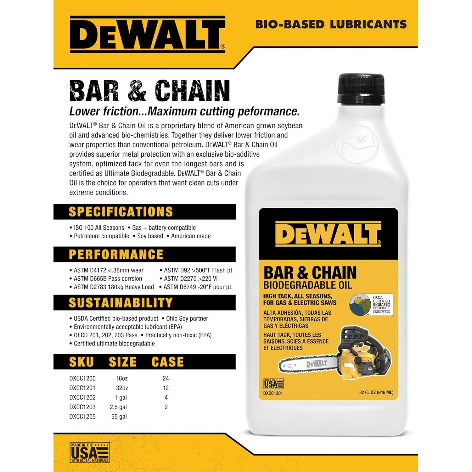 Aceite Biodegradable DEWALT 473 ml para Motosierra Ecológico