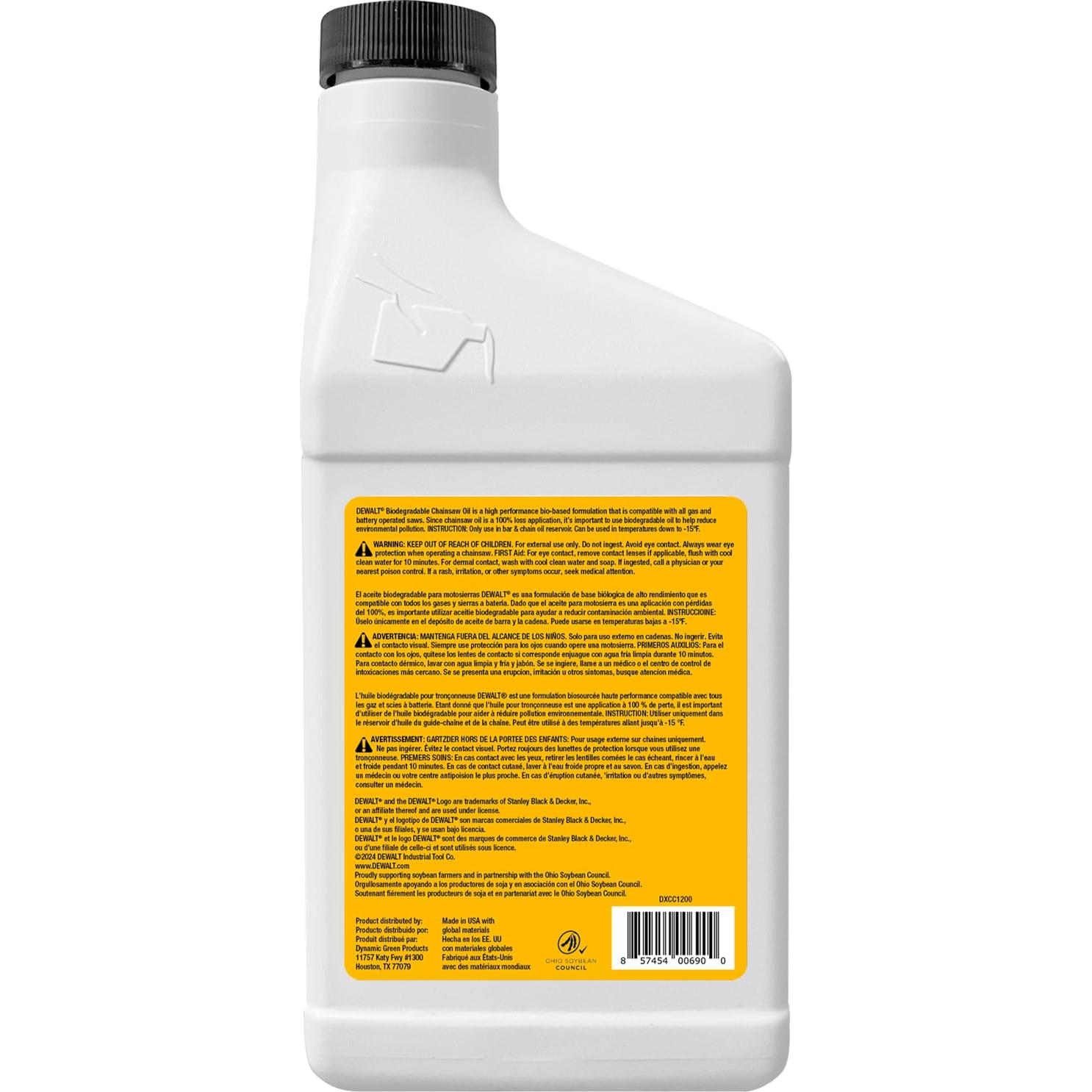 Aceite Biodegradable DEWALT 473 ml para Motosierra Ecológico