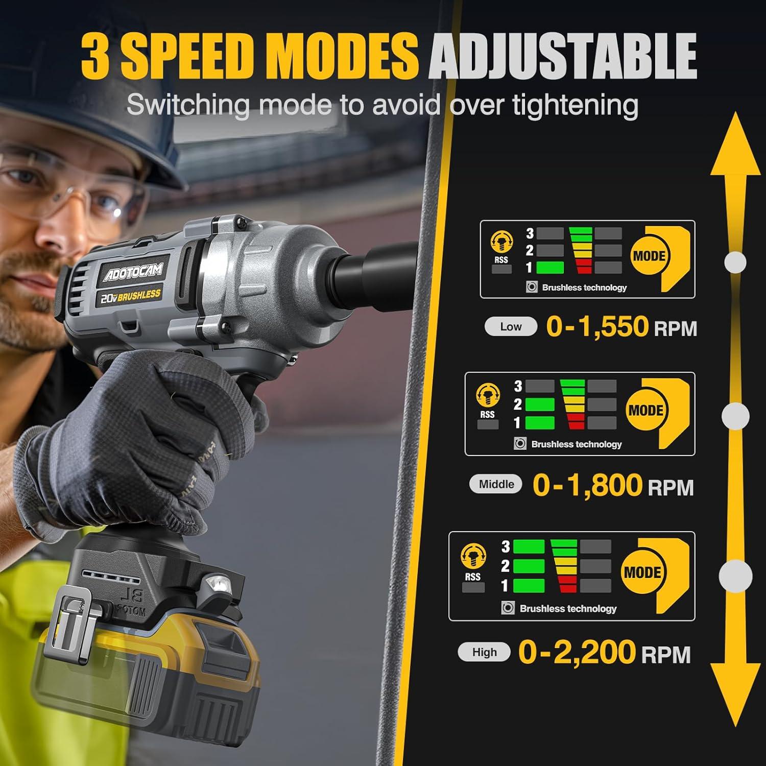 Llave de impacto inalámbrica ADOTOCAM 20V 1000 Nm 3 velocidades
