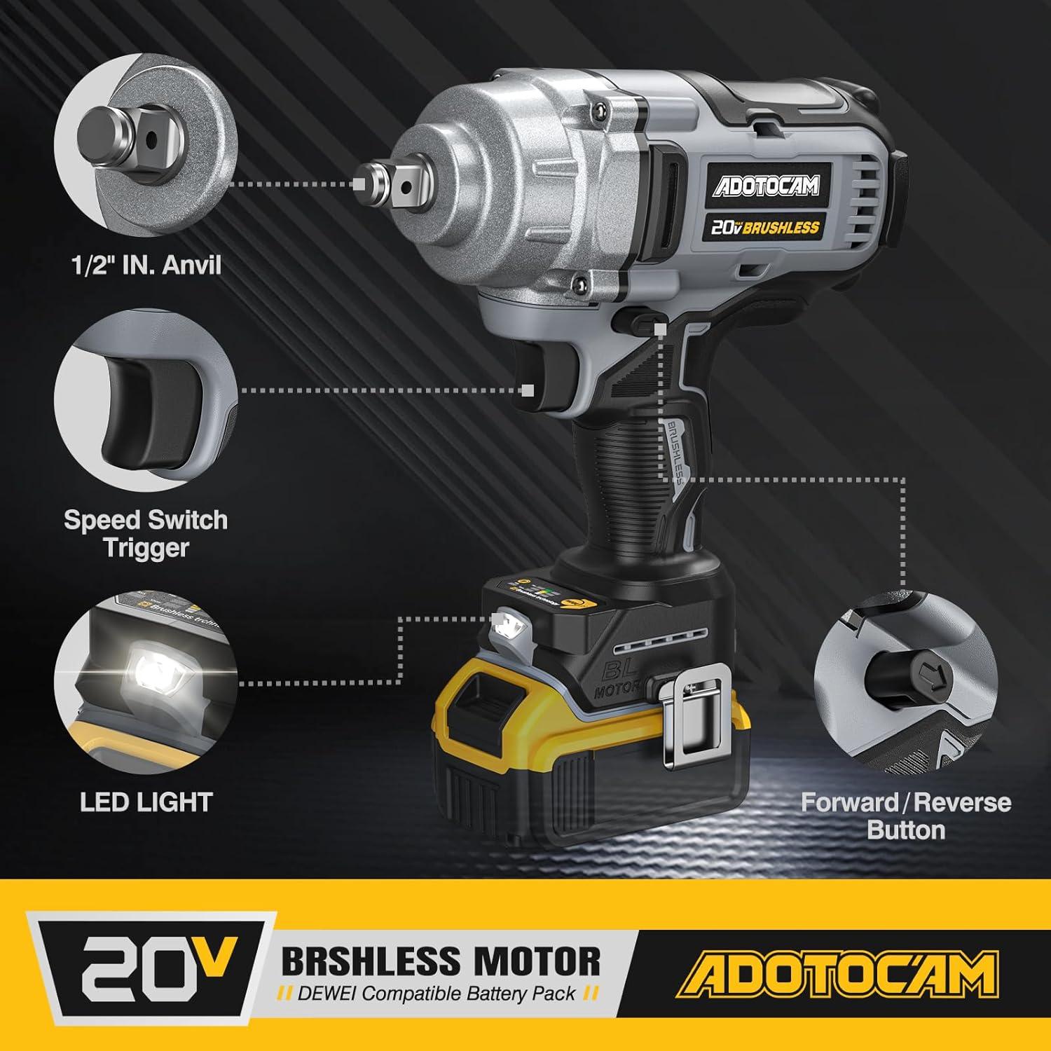 Llave de impacto inalámbrica ADOTOCAM 20V 1000 Nm 3 velocidades