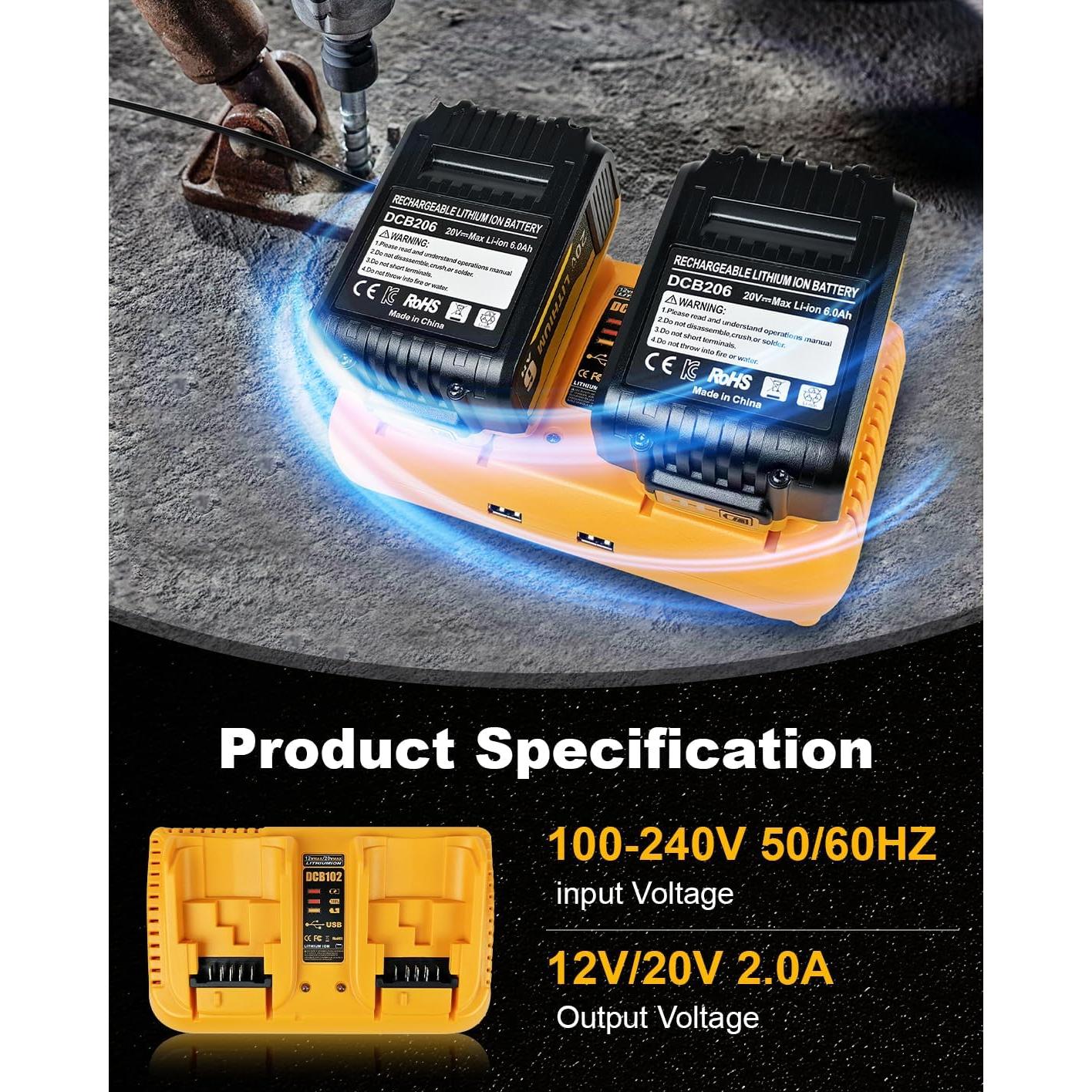 Paquete de 2 Baterías 6000mAh y Cargador DCB102 Dewalt 20V