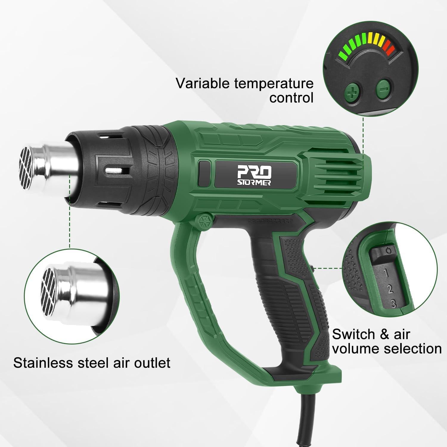 Pistola de Calor Prostormer 2000W con 4 Boquillas y Control de Temperatura