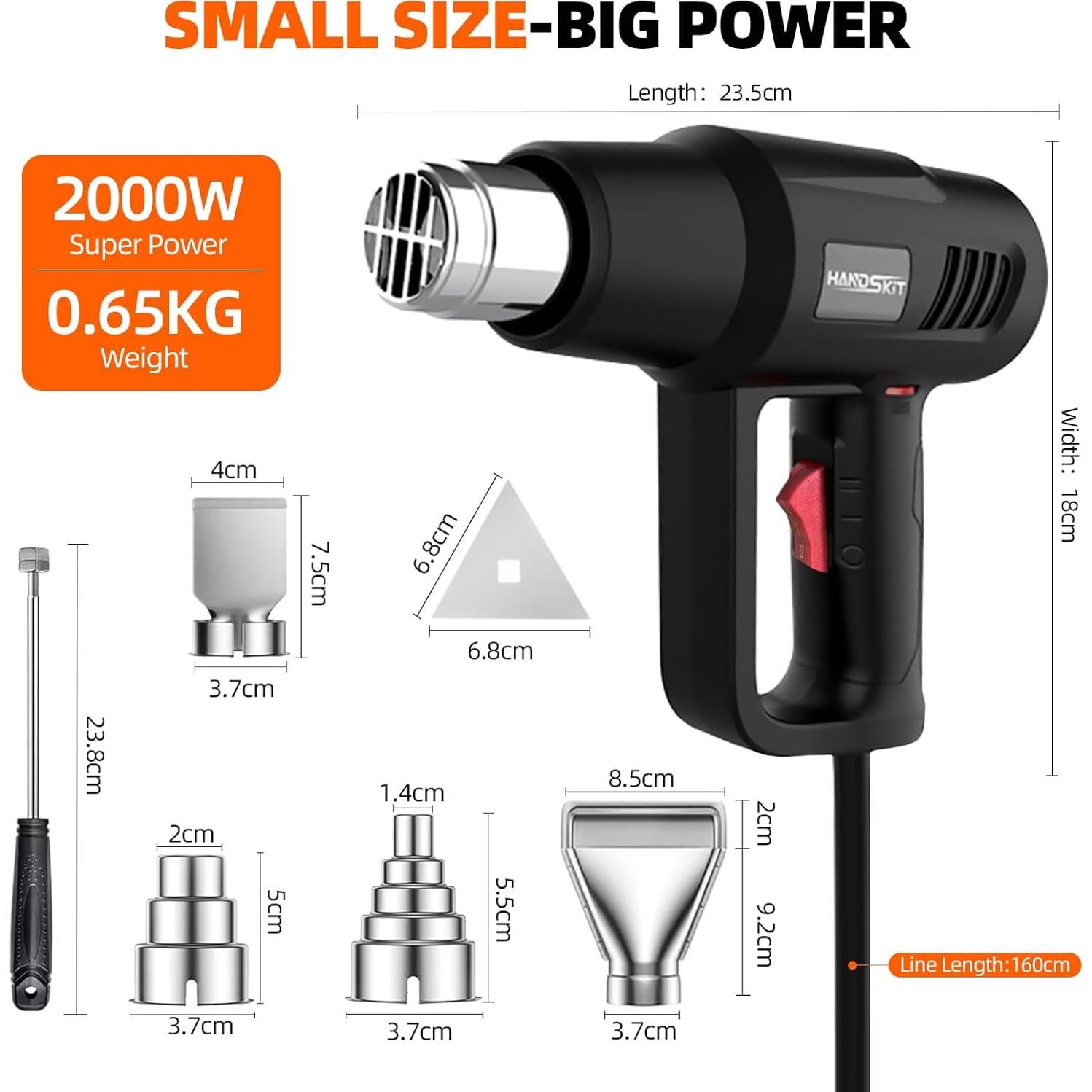 Pistola de Calor HANDSKIT 2000W con 4 Boquillas y Estuche