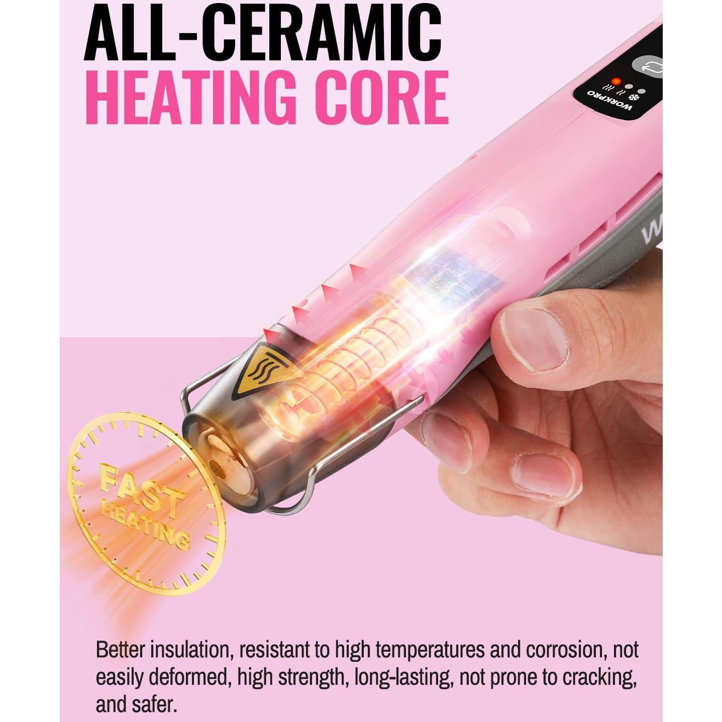 WORKPRO 7.2V Mini Cordless Heat Gun, 842℉ Hot Air Gun with Reflector Nozzle, 3 Temp Settings – Cool Air, 482℉/842℉, Ceramic Heating Core, Ideal for Christmas Crafts, Includes 50 Heat Shrink Tubes
