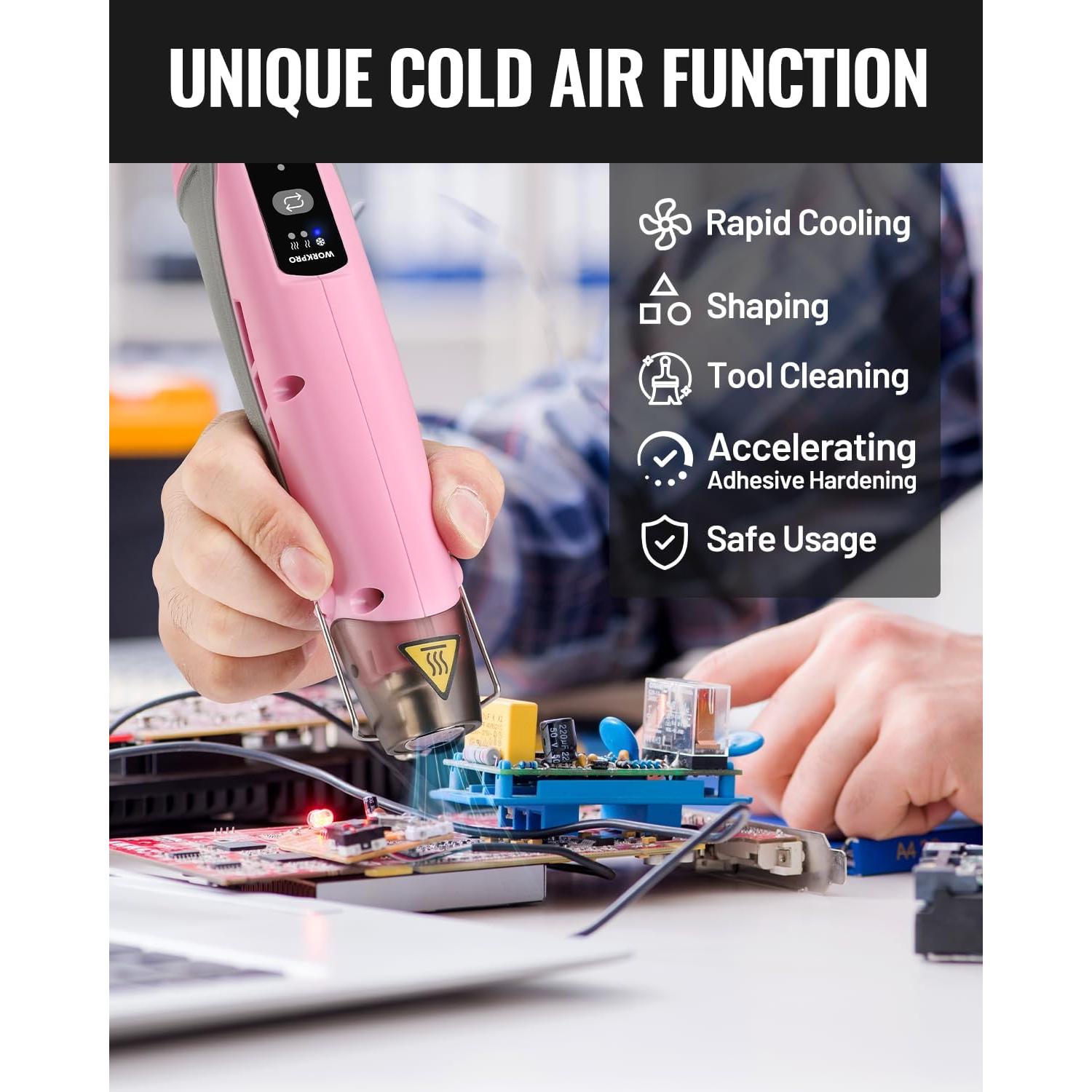 WORKPRO 7.2V Mini Cordless Heat Gun, 842℉ Hot Air Gun with Reflector Nozzle, 3 Temp Settings – Cool Air, 482℉/842℉, Ceramic Heating Core, Ideal for Christmas Crafts, Includes 50 Heat Shrink Tubes