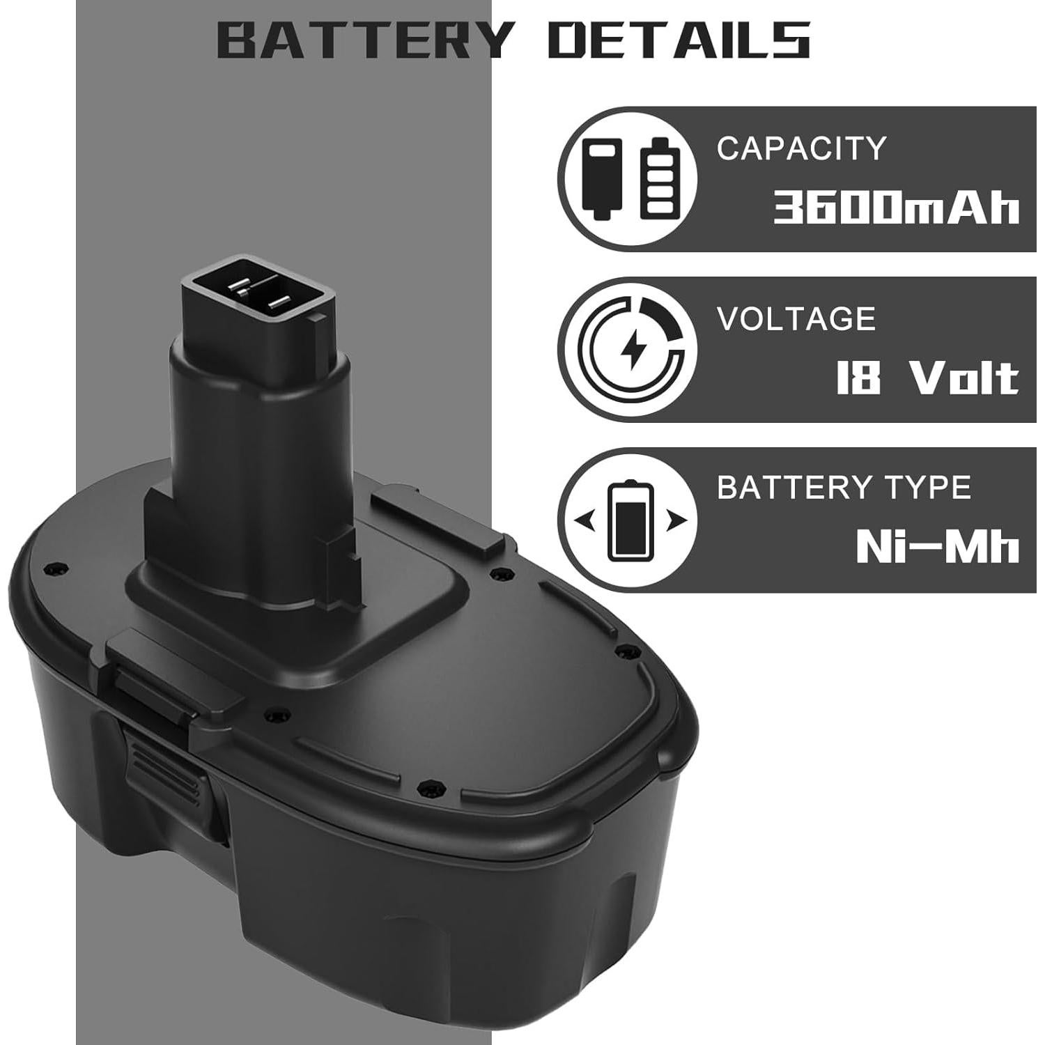 2 Baterías 3600mAh NiMH Dewalt 18V DC9096 DC9098 DC9099