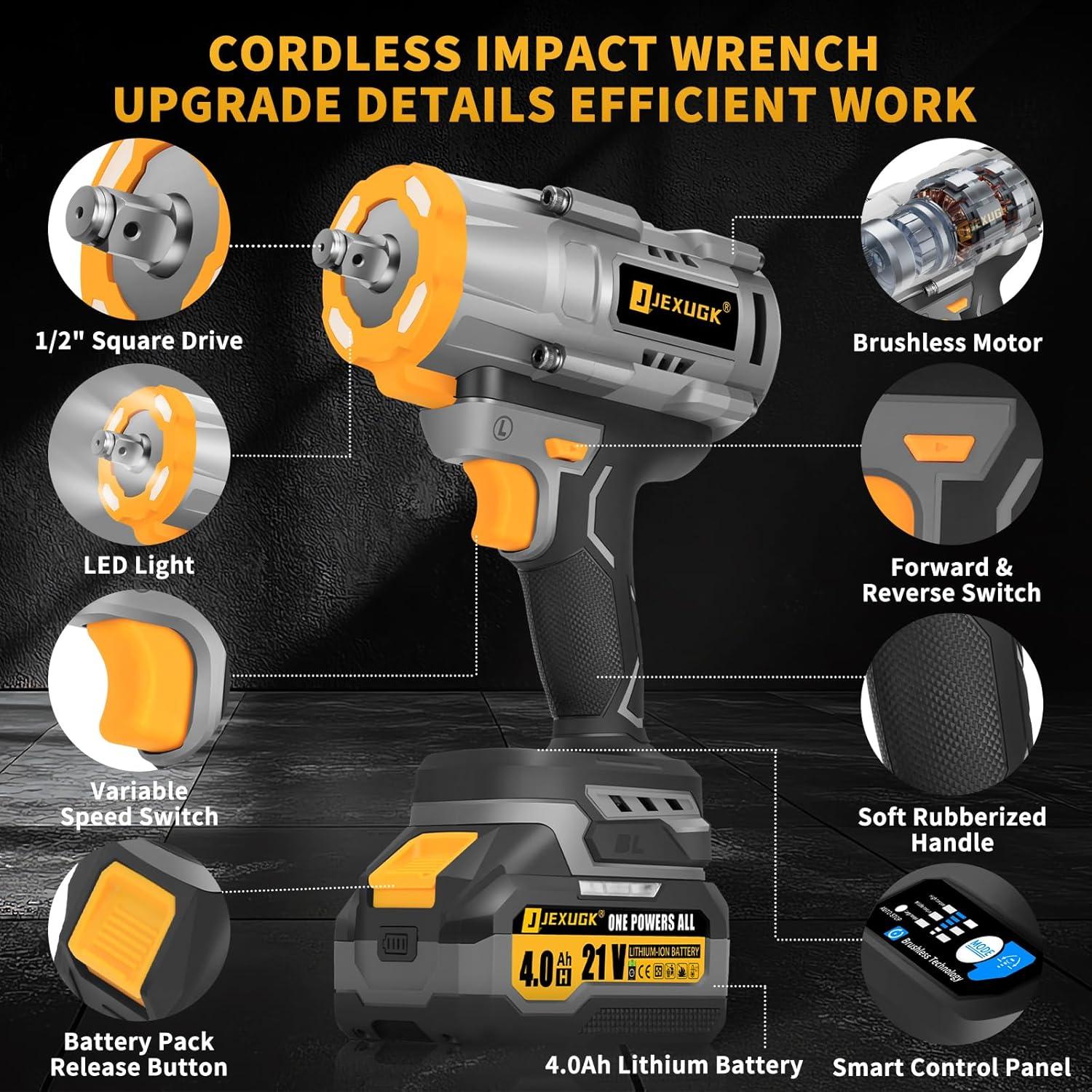 Llave de Impacto Inalámbrica JEXUGK 1600Nm 21V con 2 Baterías 4.0Ah