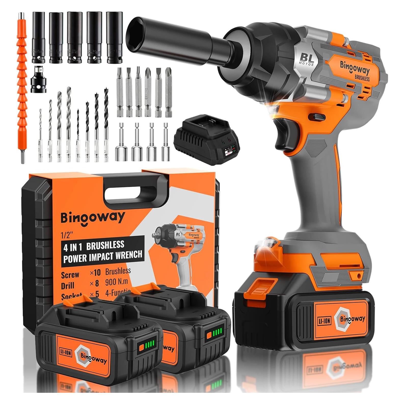 Llave de impacto inalámbrica Bingoway 900N.m 21V 4-en-1 con 2 baterías