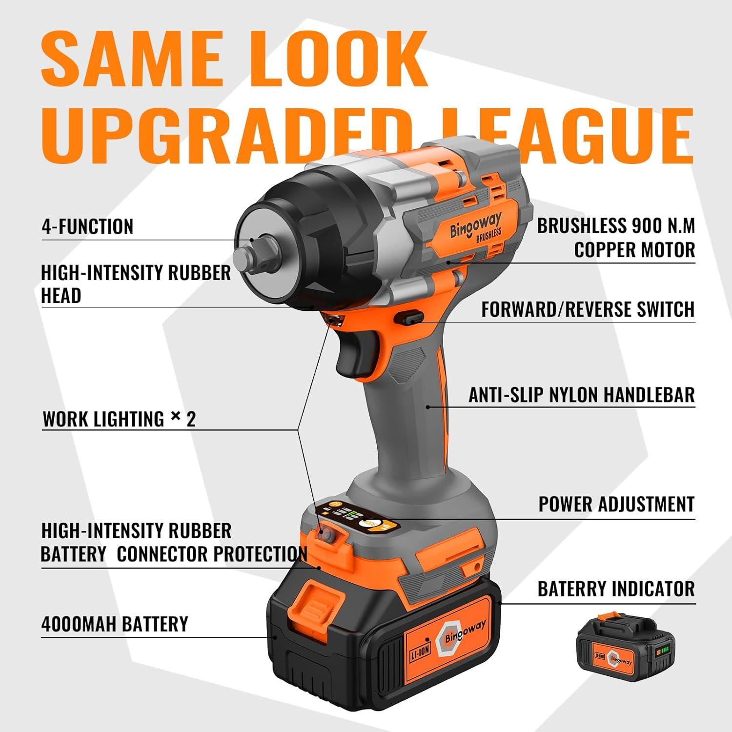 Llave de impacto inalámbrica Bingoway 900N.m 21V 4-en-1 con 2 baterías