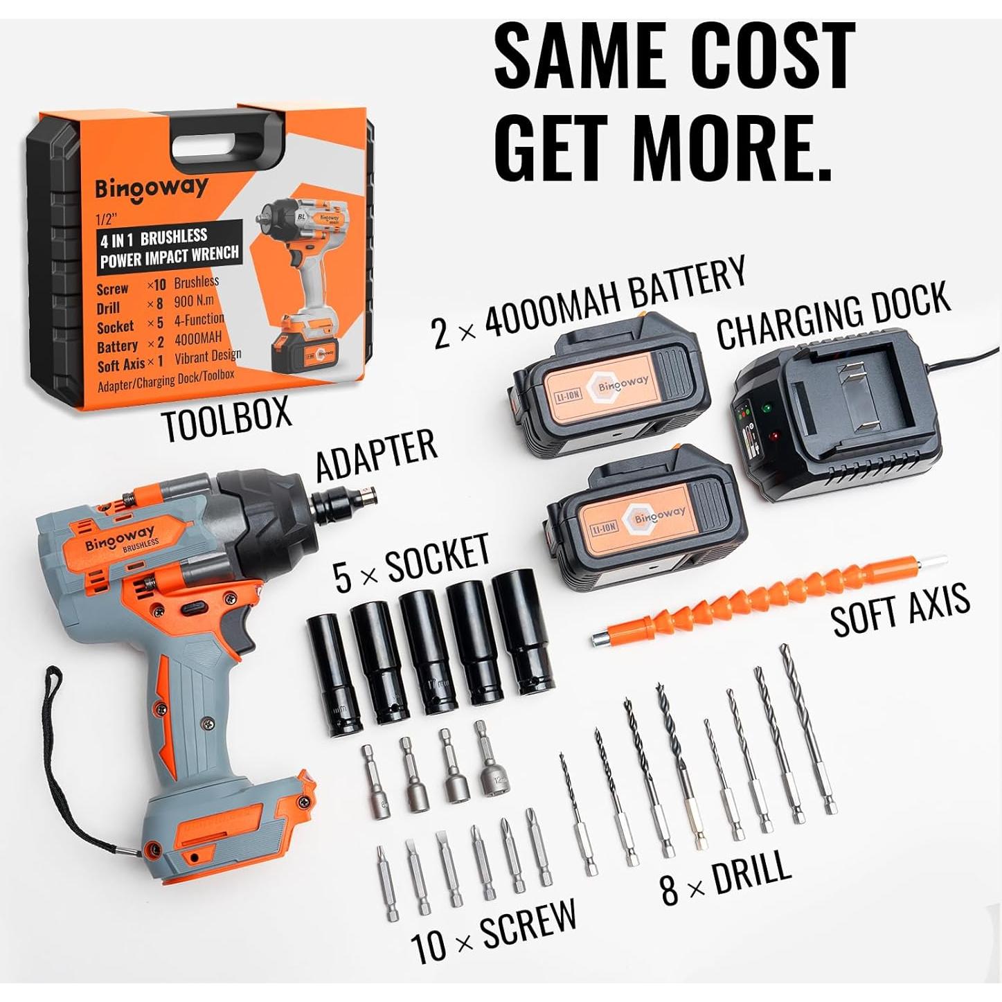 Llave de impacto inalámbrica Bingoway 900N.m 21V 4-en-1 con 2 baterías
